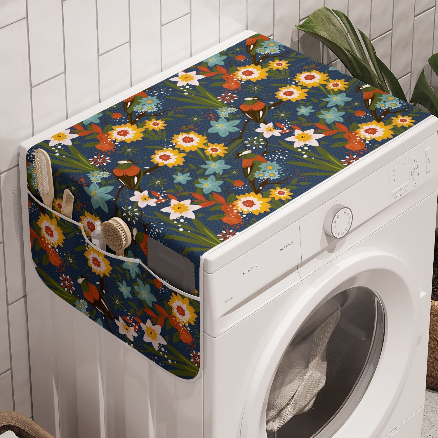 Abakuhaus Badorganizer Anti-Rutsch-Stoffabdeckung für Waschmaschine und Trockner, Blumen Vintage Vögel Blüten Kunst