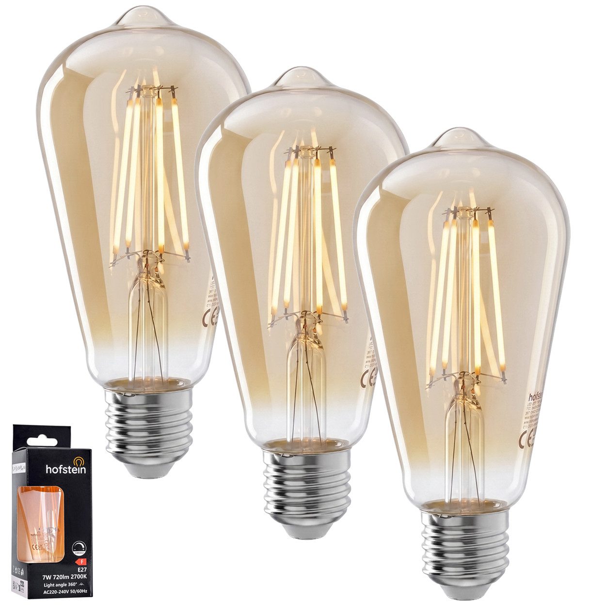 hofstein LED-Leuchtmittel 3er Set Glühbirne Warmweiß dimmbar 7 Watt, E27, 2700 Kelvin, 720 Lumen, Edison Vintage, Filament, Amber