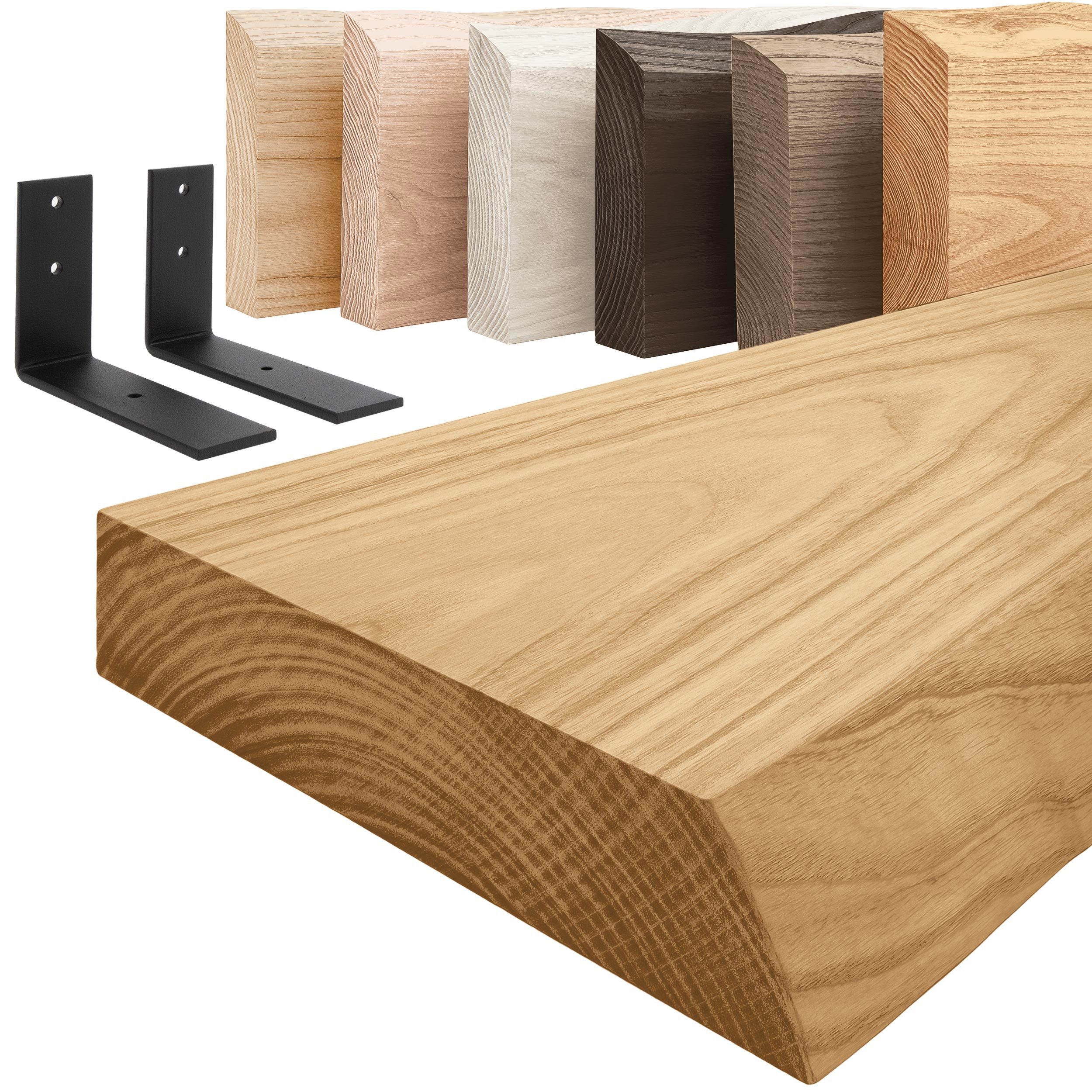 LAMO Manufaktur Wandregal Holz Baumkante Regal Farbe: Rustikal mit schwarzem Basic 40 cm, Komplett-Set, 40mm stake Massivholzplatte