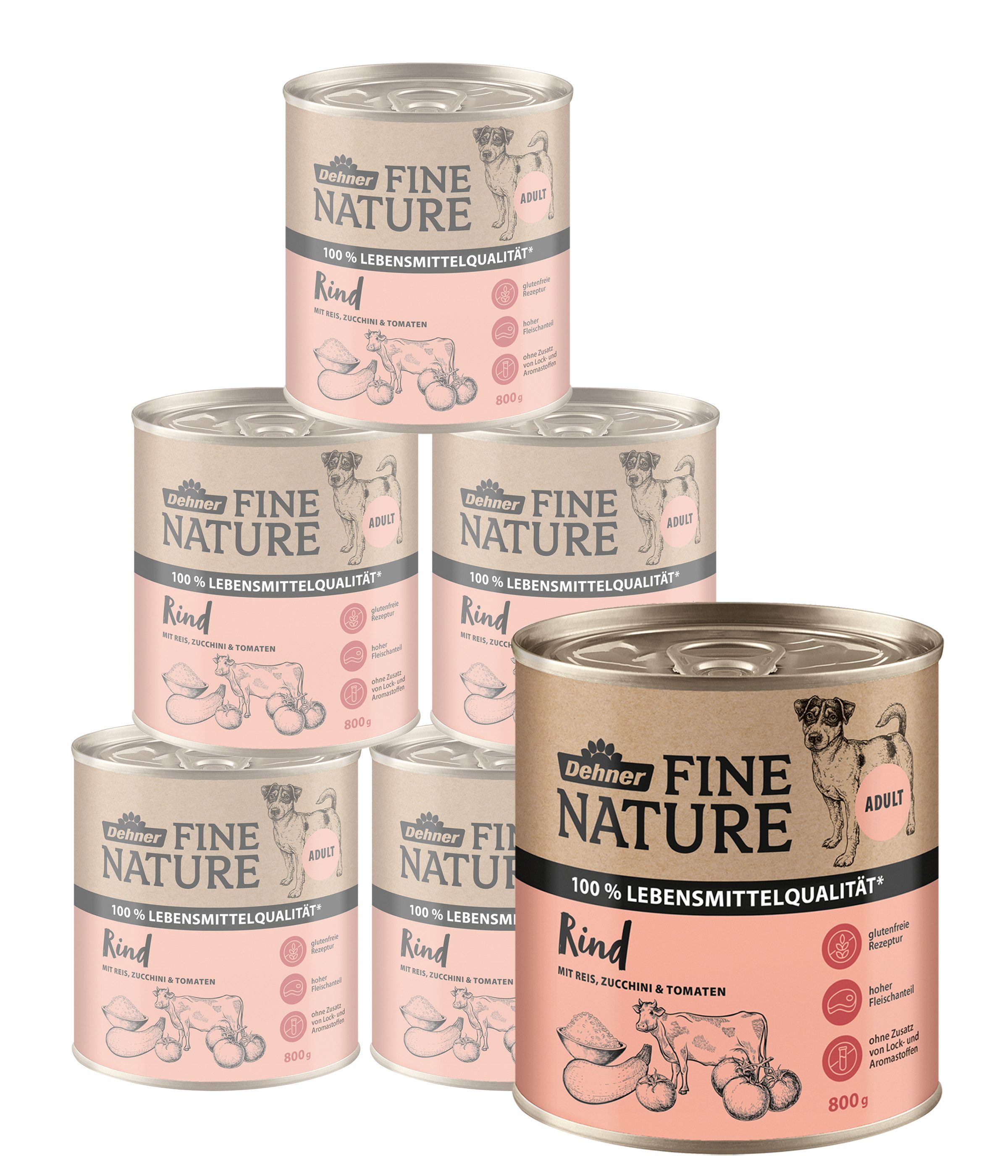 Dehner Fine Nature Adult Rind / Reis / Zucchini, 6 x 200 / 400 / 800 g Dose Rind, Nassfutter für: Hunde, Nassfutter für ausgewachsene Hunde