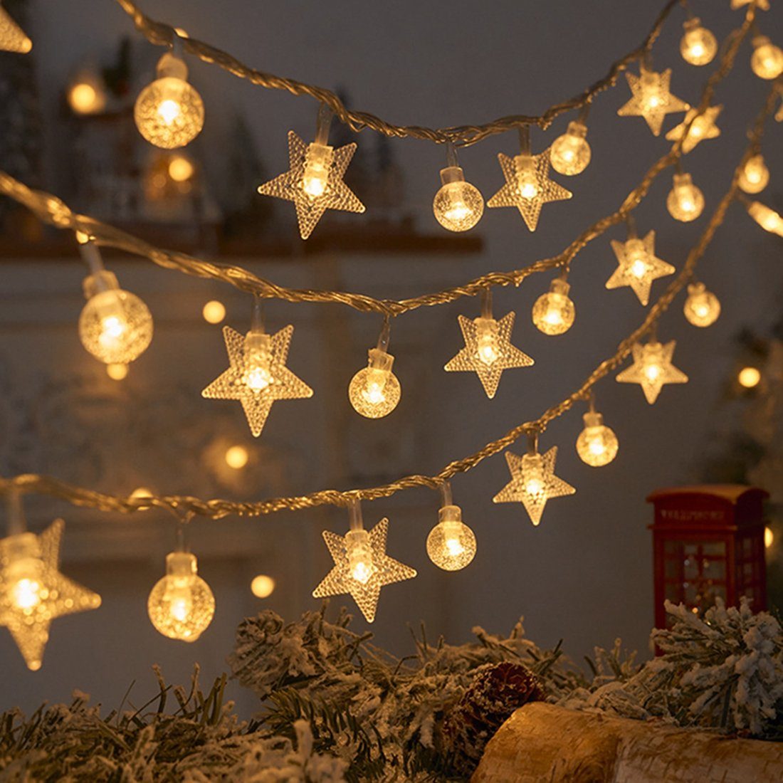 DAYUT LED-Lichterkette Weihnachtsbaumschmuck, 3m Star Warm Light String Lights