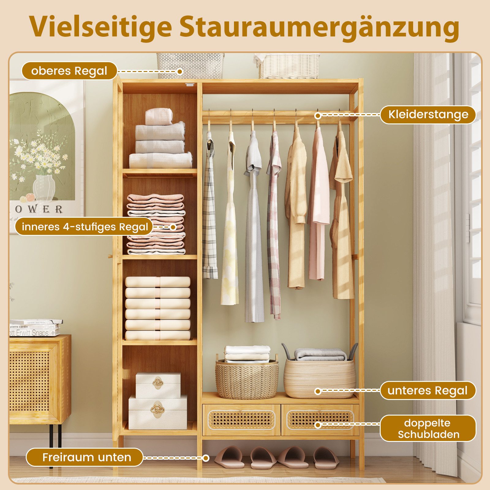 COSTWAY Kleiderständer, Garderobenständer mit Schrank, Kleiderstange günstig online kaufen
