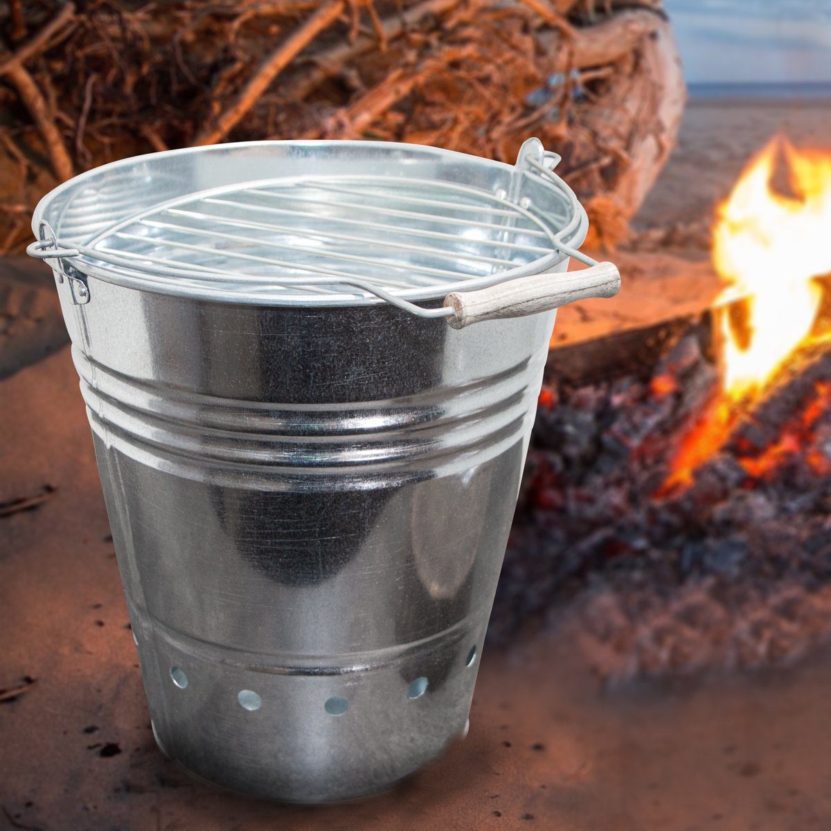 Antikas Gartenfigur Grill-Eimer aus Eisen, Groß, mit Henkel, Grillrost, Kohlerost