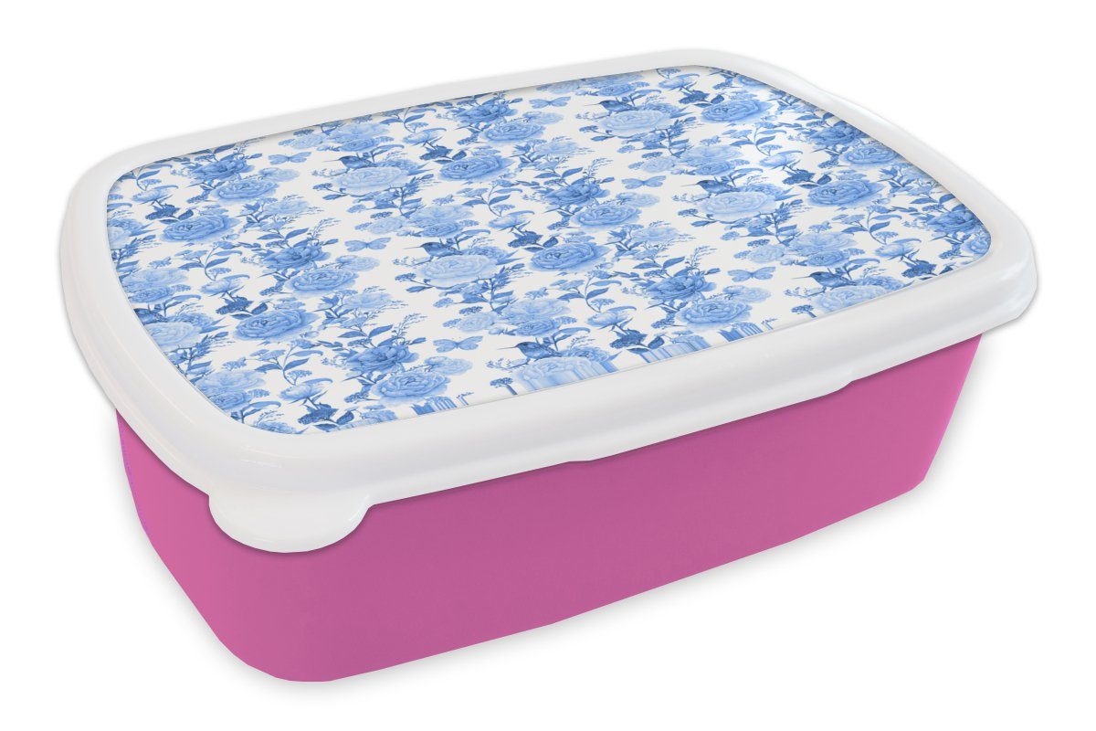 MuchoWow Lunchbox Blumen - Rosen - Blau, Kunststoff, (2-tlg), Brotbox für Erwachsene, Brotdose Kinder, Snackbox, Mädchen, Kunststoff rosa