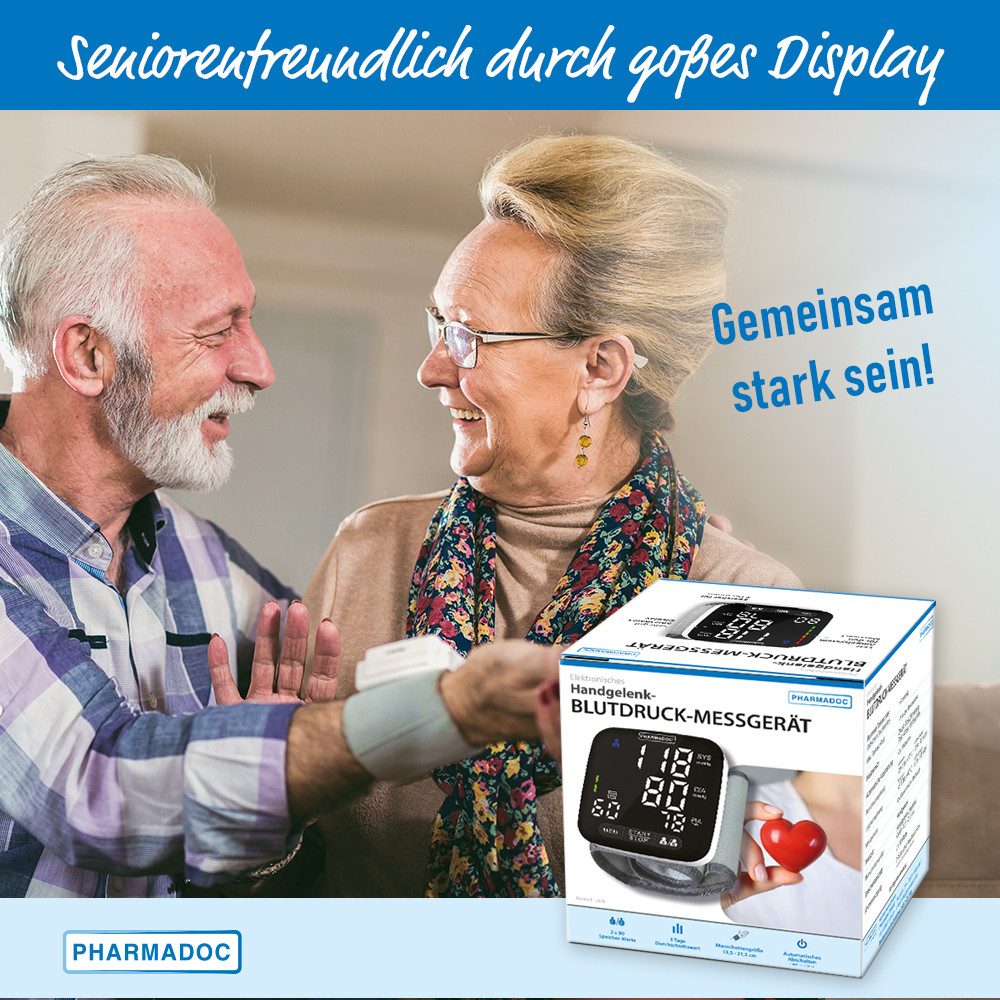 Pharmadoc Handgelenk-Blutdruckmessgerät, Ergebnisanzeige und Druckaufbau, 180 Messungen speicherbar