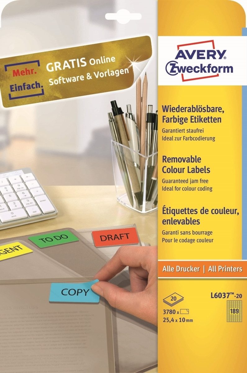 Avery Zweckform Etiketten Etiketten Inkjet/Laser/Kopier 25.4x10mm Mini VE=3780 Stück gelb