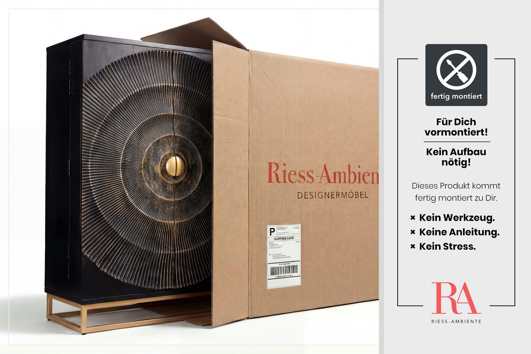 riess-ambiente Barschrank GOLDEN SUNSET 140cm schwarz / gold (Einzelartikel, 1-St) Massivholz · Metall · mit Stauraum · 24 Flaschen · 3D Front · handmade