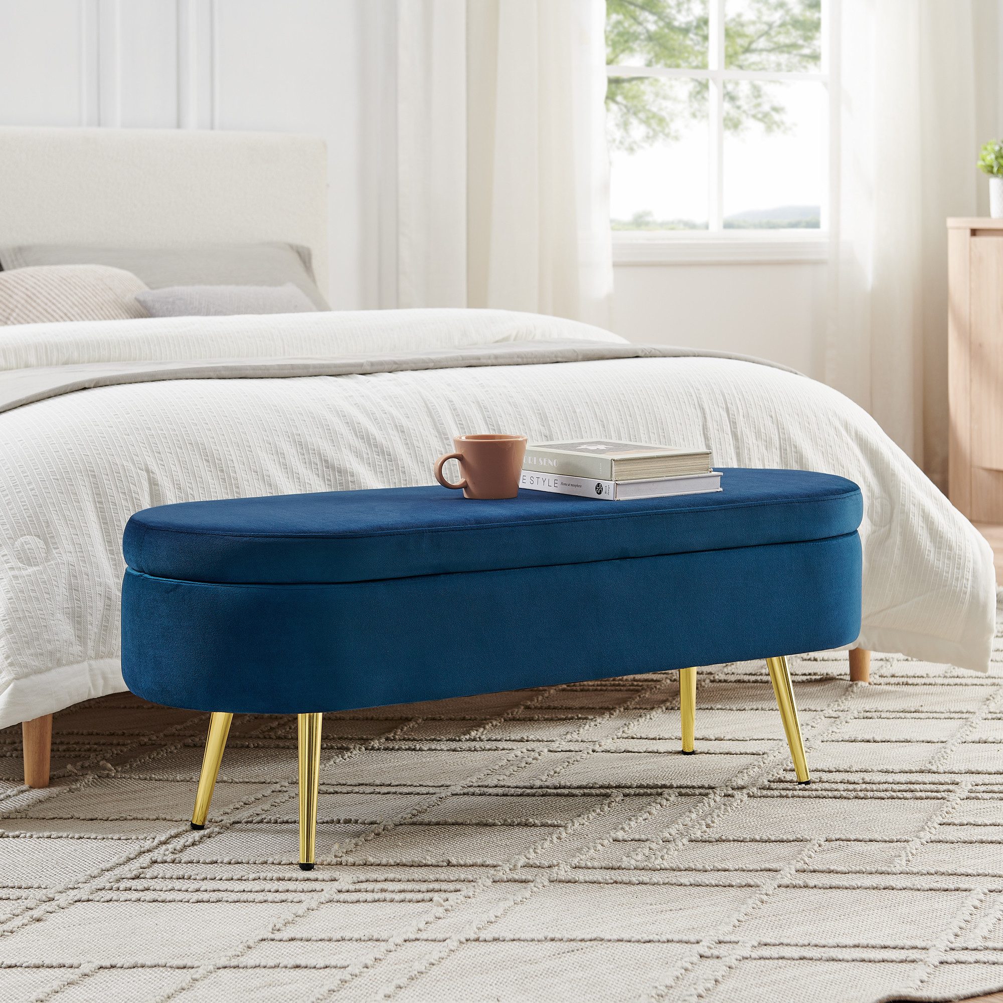 HAUSS SPOLE Sitzbank mit Samt-Stoff,Schuhbank Flurbank mit 20L Stauraum und Holzbeine,Blau (Polsterbank Aufbewahrungsbank mit Stauraum und hydraulischem Klappdeckel), 110x40x42cm,Massivholzrahmen für Schlafzimmer, Wohnzimmer