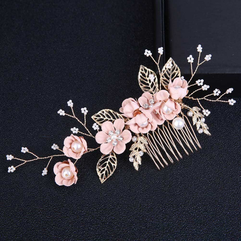 Perlen-Blumen-Braut-Haarschmuck 4 Diadem Stück WaKuKa Hochzeits-Haarkämme, Rosa