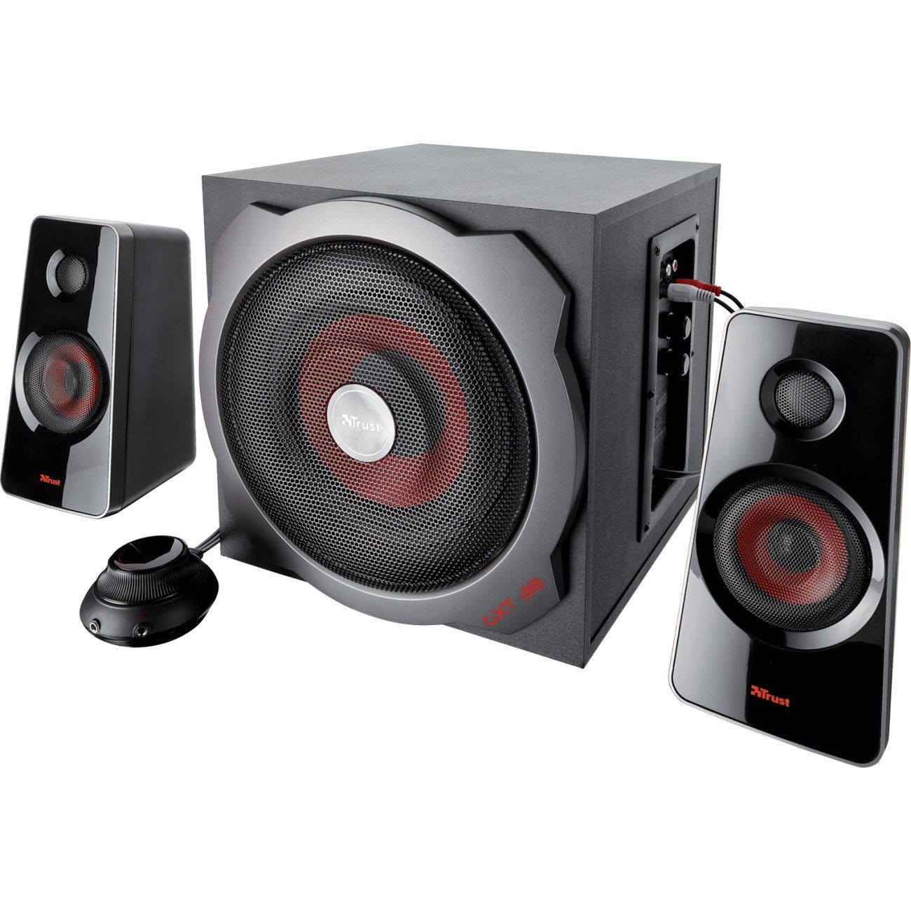 Trust GXT 38 2.1 PC-Lautsprecher (120 W, Lautsprecherset mit 1 Subwoofer und 2 Satelllit-Lautsprecher, Subwoofer aus Holz für vollen und kräftigen Sound, Energiesparmodus)