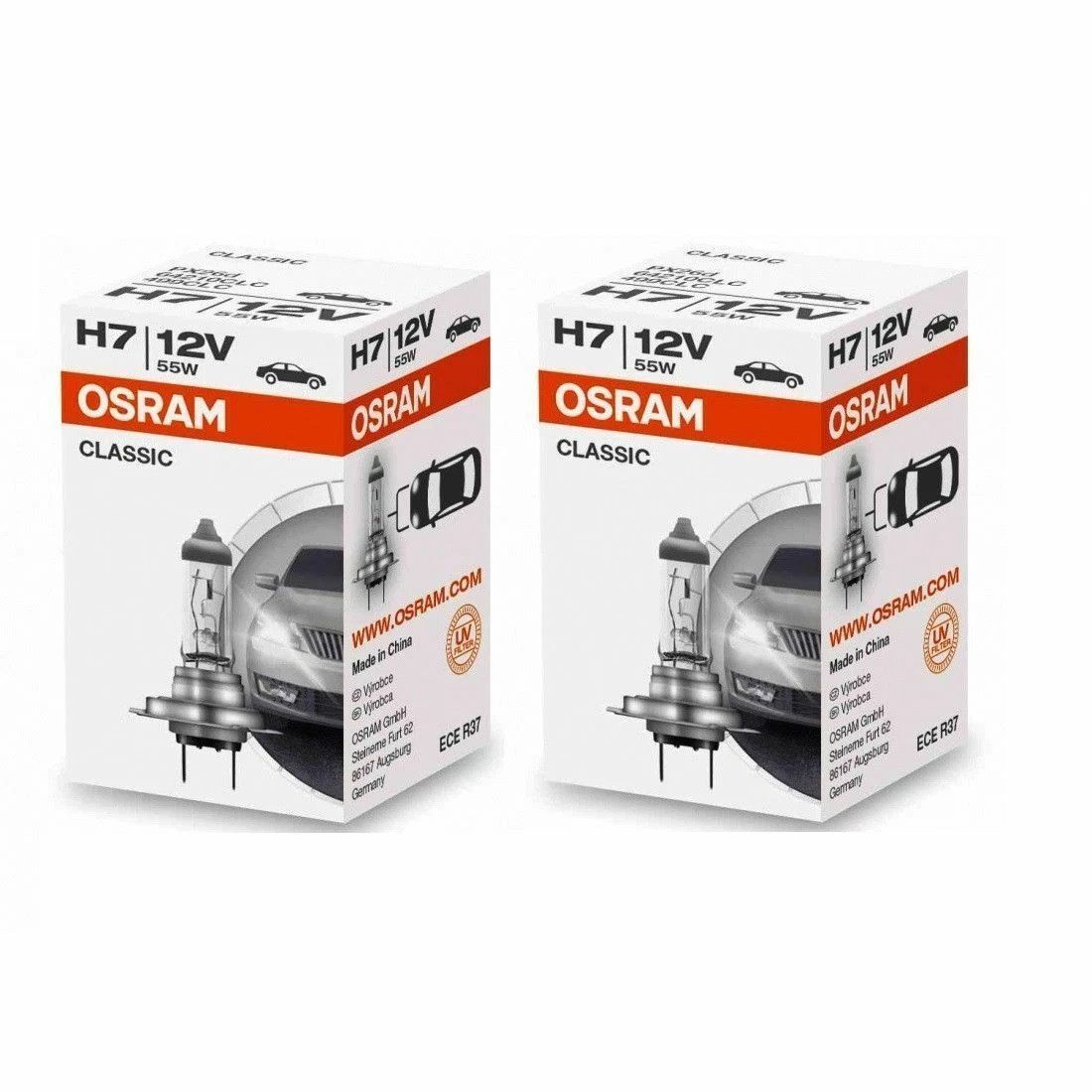 Osram KFZ-Ersatzleuchte OSRAM CLASSIC H7 PX26d 12 V 55 W (1er Faltschachtel), H7, 2 St., Warmweiß, Standard
