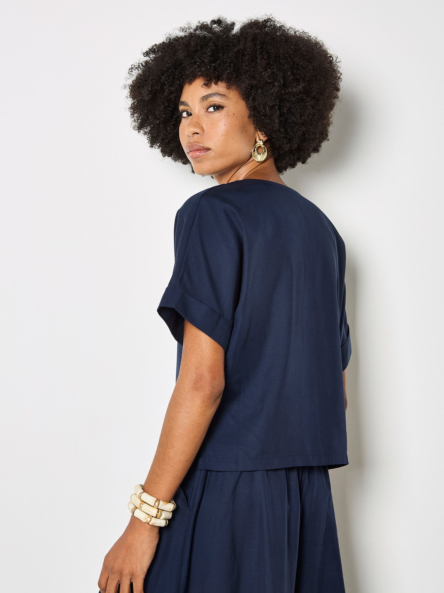 Apricot Blusentop Leichte Bluse mit V-Ausschnitt . Einfarbig