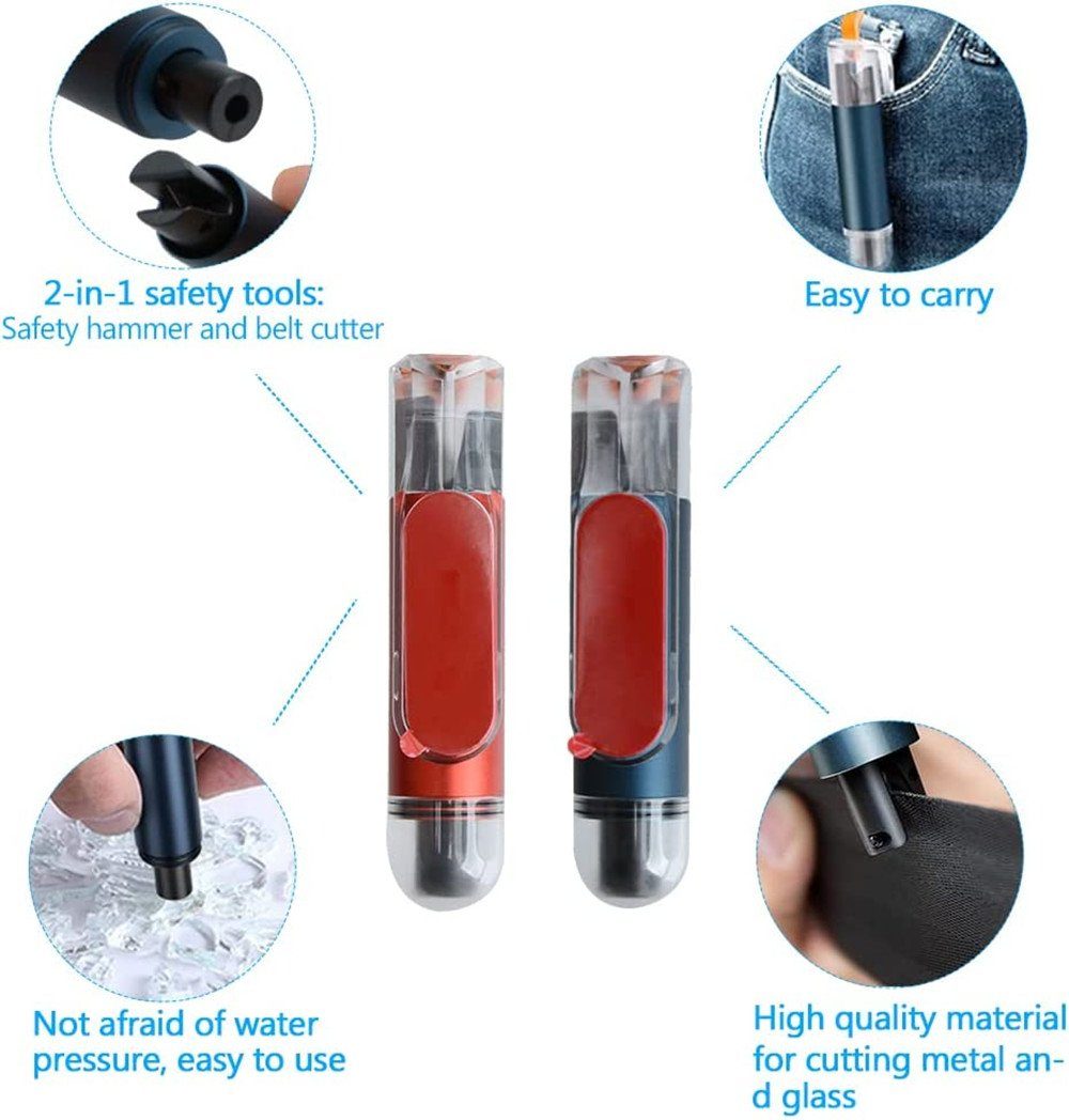 XDeer Hammer 2 in1 leicht konstruiert, gestört, Federtyp, Auto Sicherheitshammer, Fensterbrecher, entkommen. mit durch für nicht Notfallschlüssel eingebaute Wird Blau+Rot 2-St), Hochdruckfeder. Notfallhammer,Autonotrettungswerkzeug, Mechanik Wasserdruck wie Mini (packung, klassischer Mit Wasser Auto Auto-Glasbrecher-Werkzeug Sicherheitshämmer Gurtschneider, das können unter diesem herkömmliche Sie Mini