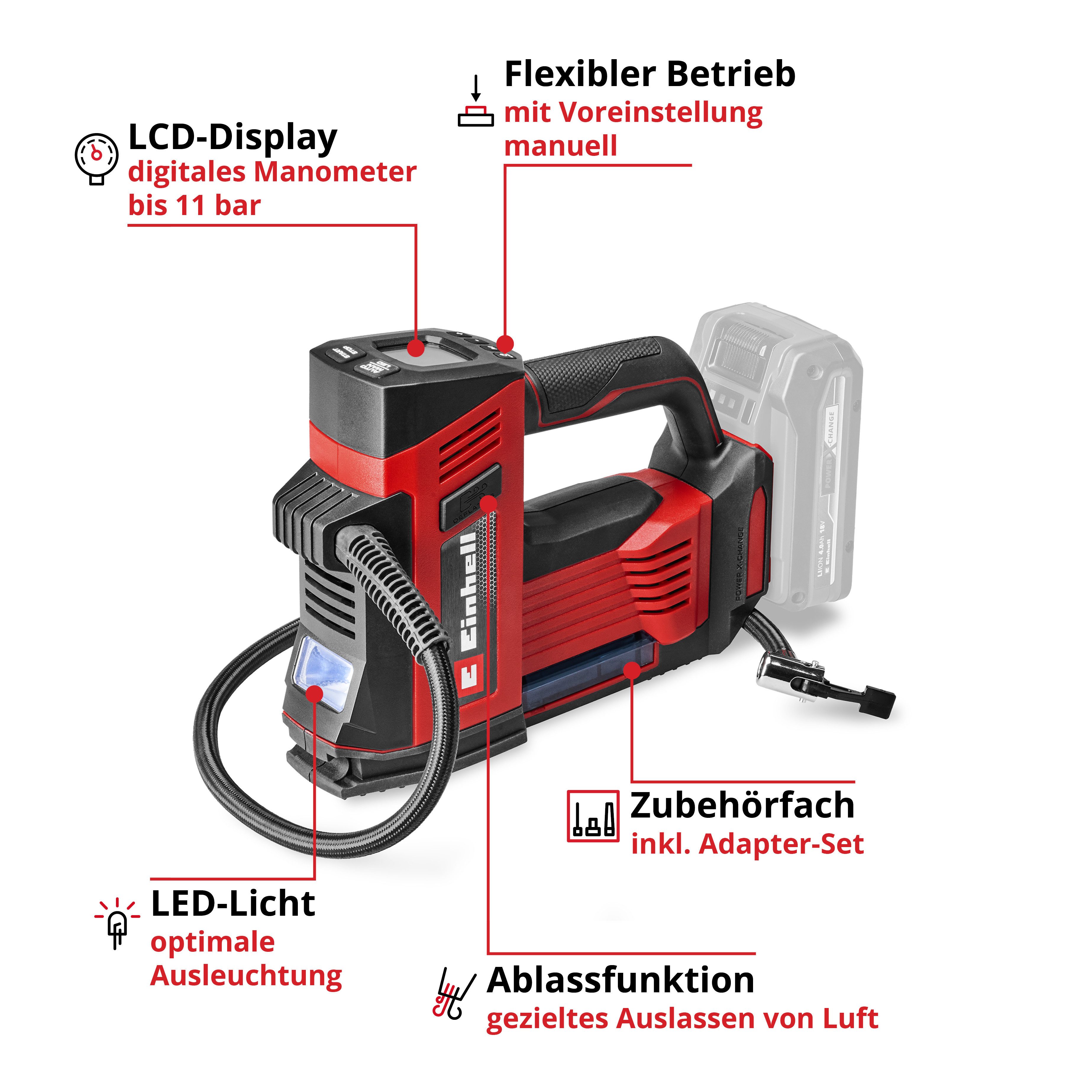 Einhell Akku-Handkompressor CE-CC 18/23 D Li-Solo, max. 11 bar, ohne Akku, ohne Ladegerät