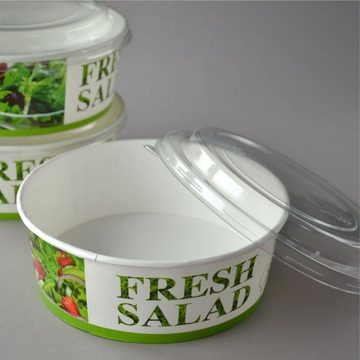 Einwegschale 200 Stück Salatschalen mit Deckel, "Salat-Motiv", rund, 1000 ml, Salatbox Paper Bowls Pappsalatschale Salad Cups