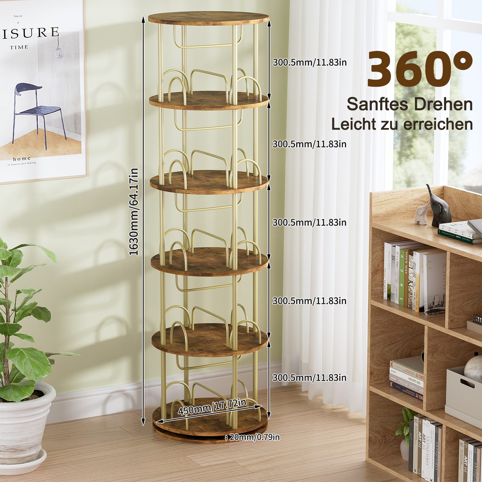 TWSOUL Bücherregal 5 Ebenen 20 Fächer Drehbares Standregal, Dekoregal, 163* günstig online kaufen