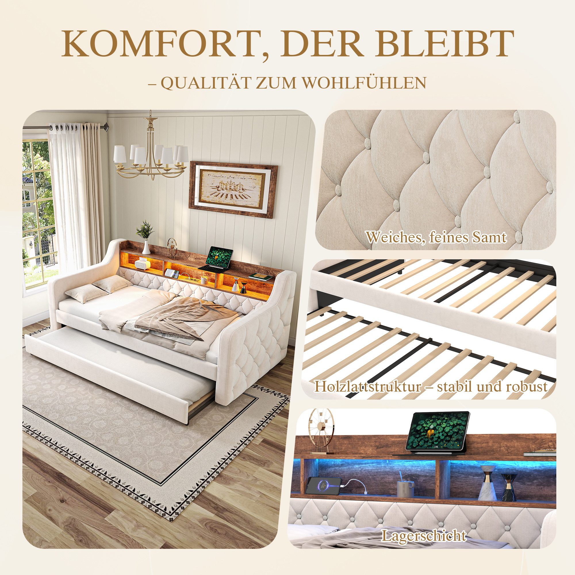 Celya Polsterbett Schlafsofa aus Samt mit Stauraum (ohne Matratze mit LED-Ambiente und USB-C-Anschluss), Ideal für Schlafzimmer, Gästezimmer oder Jugendzim – Bild 4 von 5