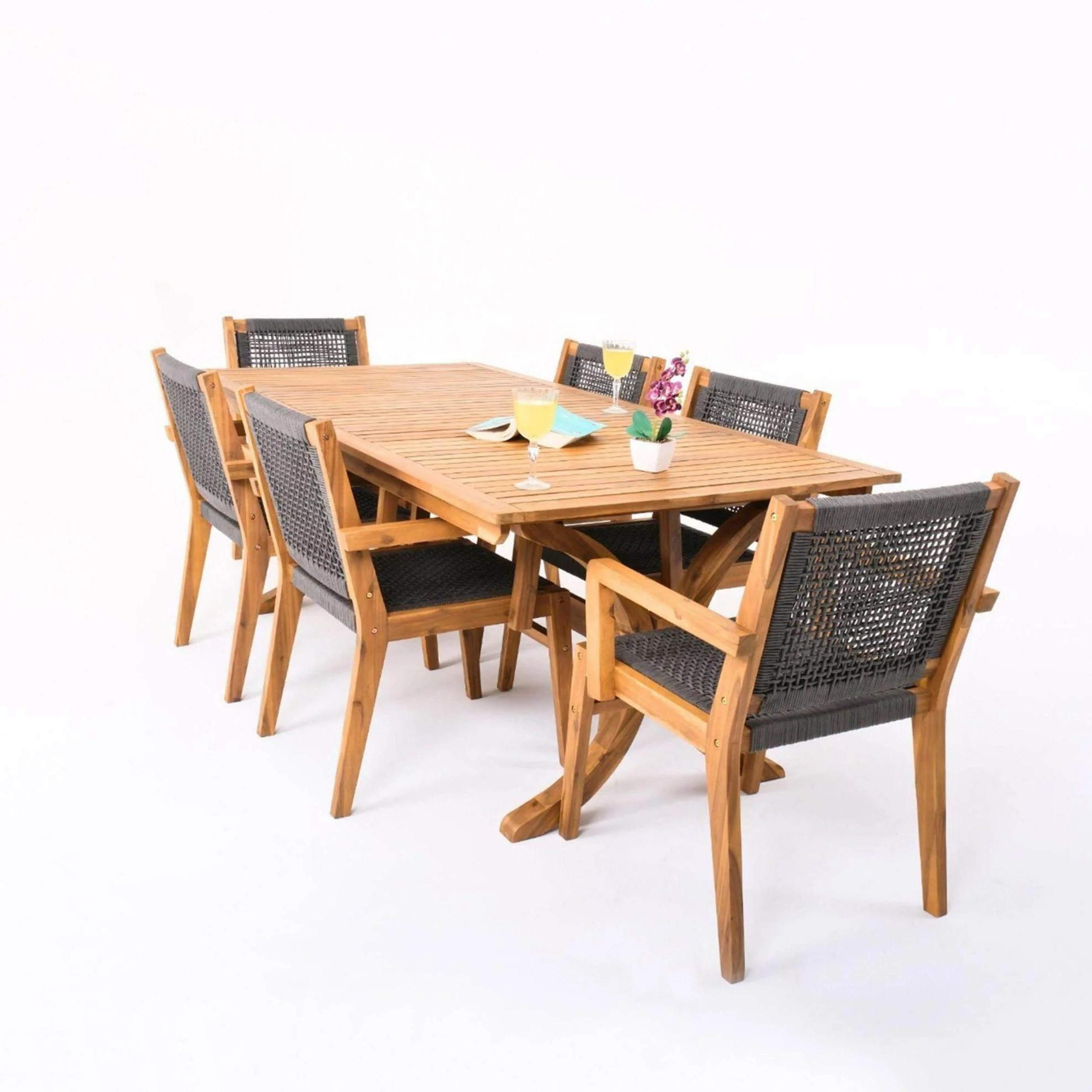 gowoll Garten-Essgruppe Gartenmöbel Set für 100x200 cm Holztisch Balkon und Terrassen Fiume, (6 Personen Esstisch, 7-tlg., aus Akazienholz)