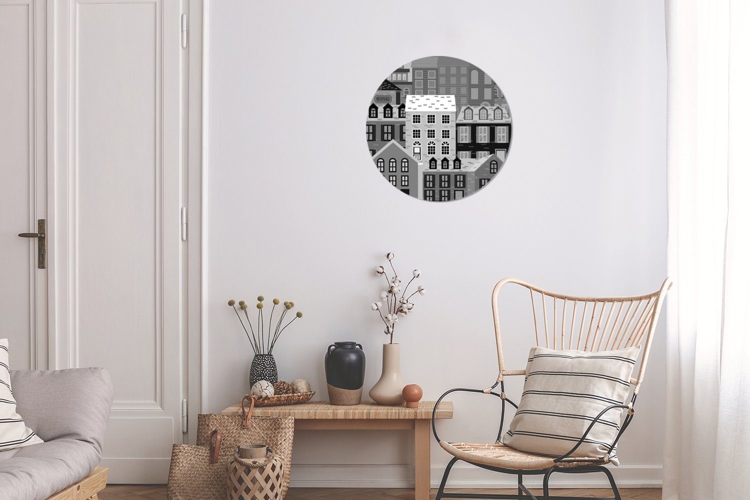 MuchoWow Gemälde Muster der - in und (1 Kreis Stadt Wandbild, weiß, 30x30 St), Häuser Forex, Wanddekoration Rundes der cm Wohnzimmer, schwarz