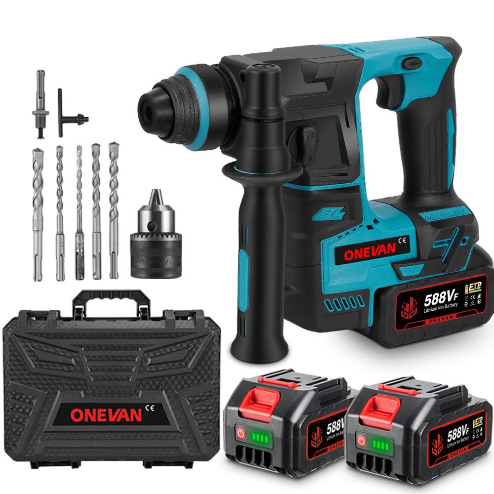 ONEVAN Akku-Bohrhammer Bürstenloser SDS-Plus Schlagbohrhammer mit 2x Akkus, max. 3000 U/min, 8x Zubehörset Hammerbohren für Beton, Mauerwerk, Wände
