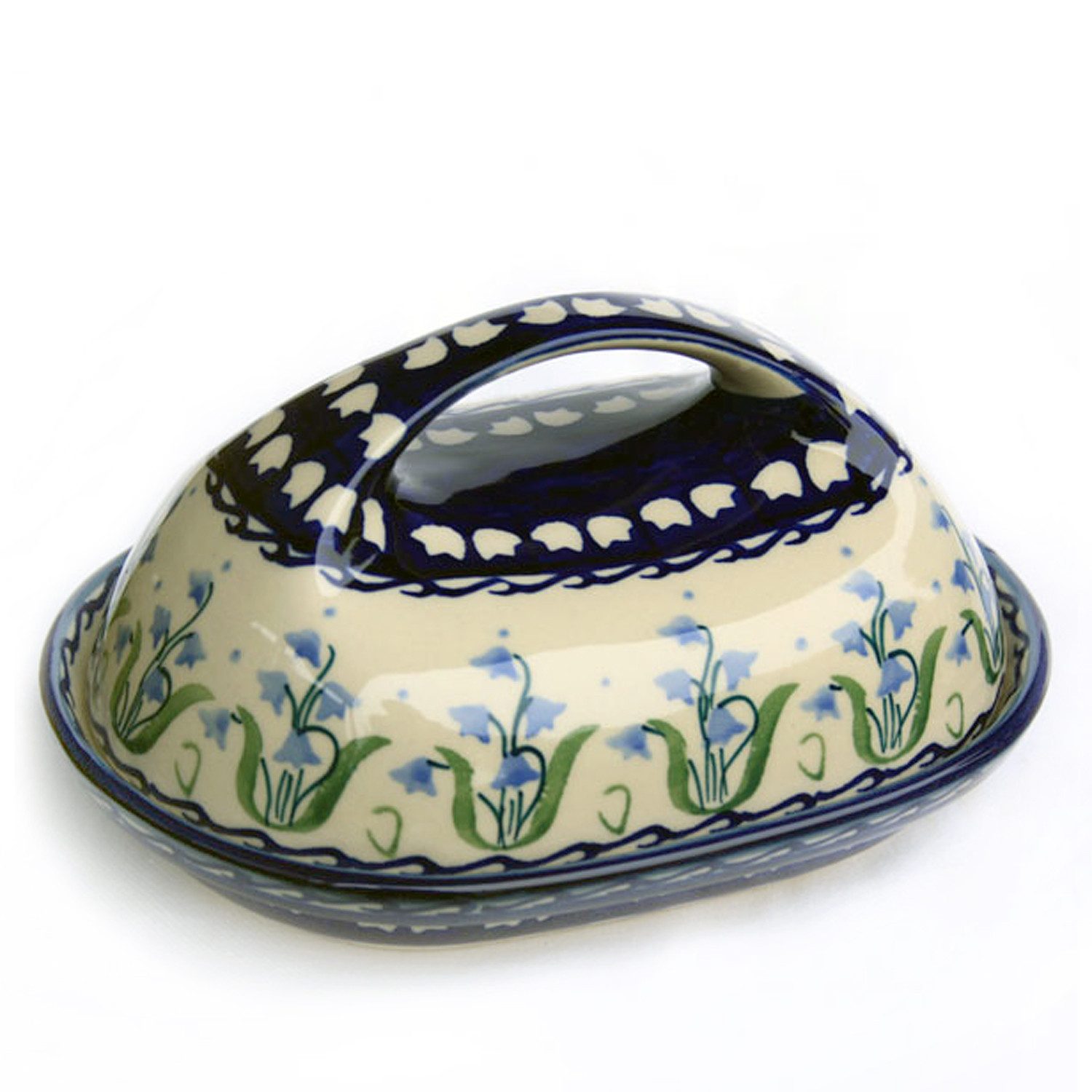 Bunzlauer Keramik Manufaktura Butterdose oval mit großem Griff, Unterteil und Deckel oval geformt, großer Griff.
