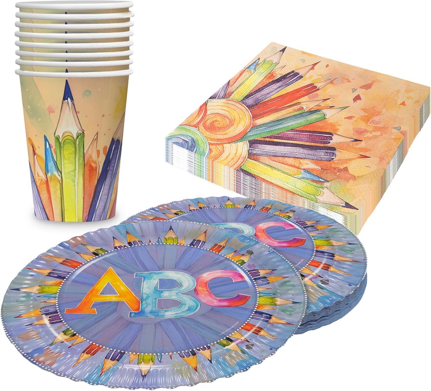 Party Factory Pappteller Back to School Party-Set 8 Pappteller 8 Pappbecher und 20 Servietten, Buchstaben Design