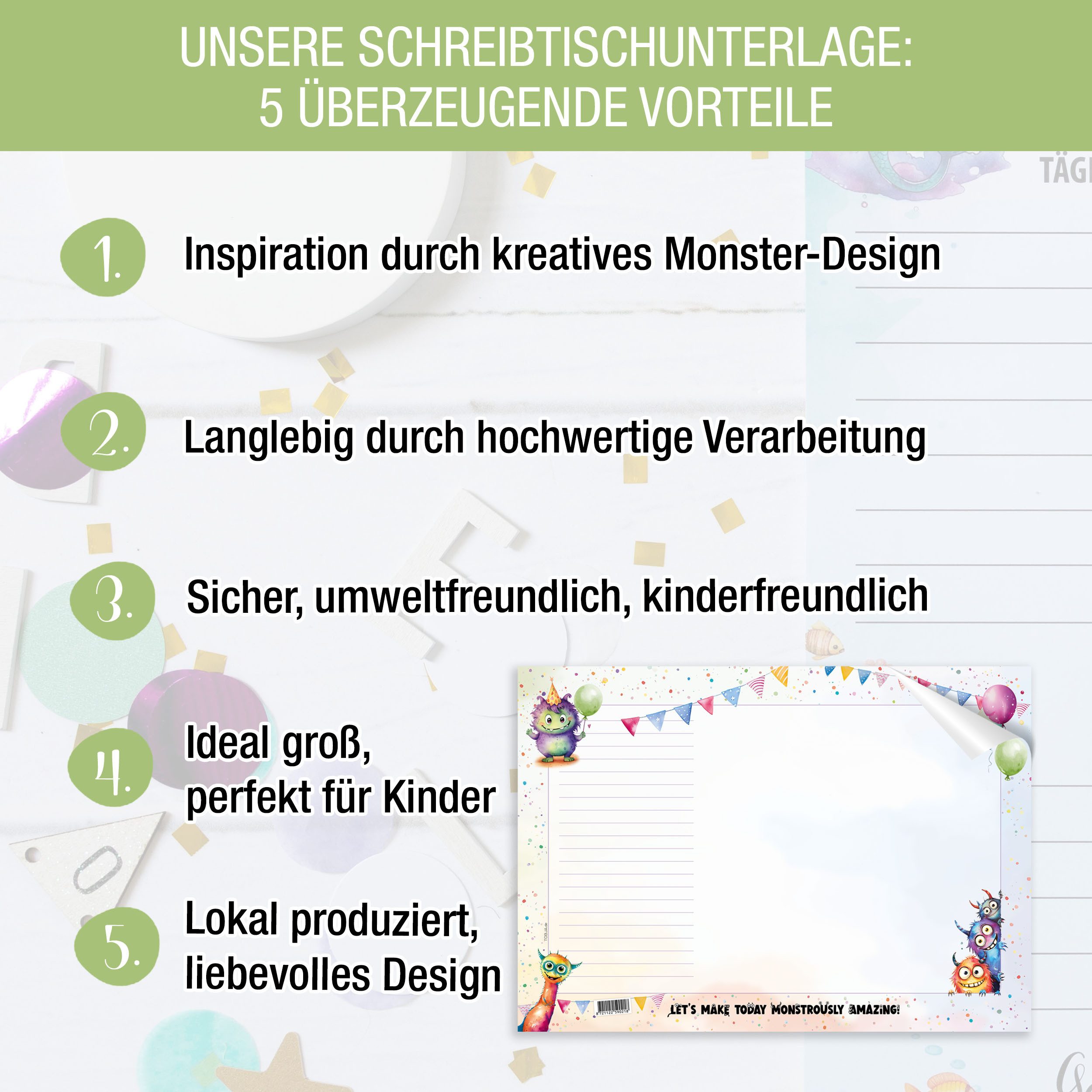 TOBJA Schreibtischunterlage A3 Schreibtischunterlage Kinder "Monster" Jungen