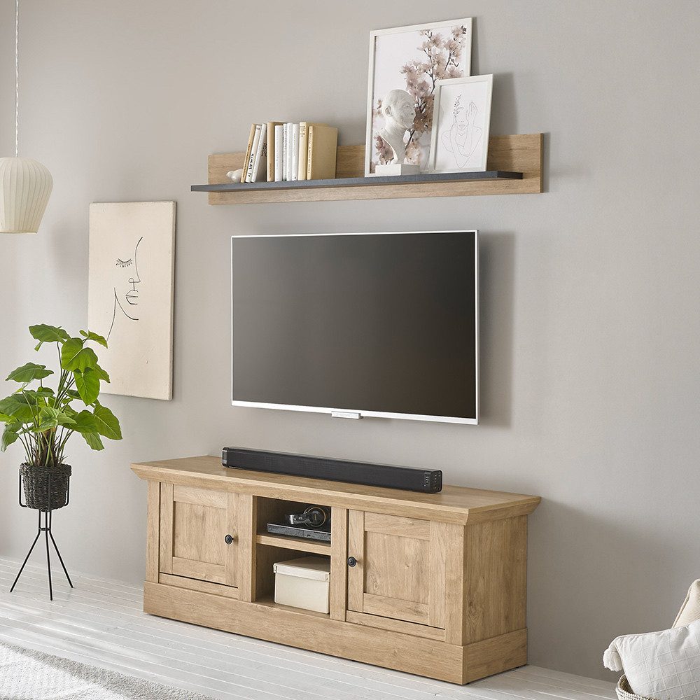 Lomadox Wohnwand COLBY-61, (2-St., Lowboard Wandregal), in Eiche mit schwarzen Griffen, Landhausstil