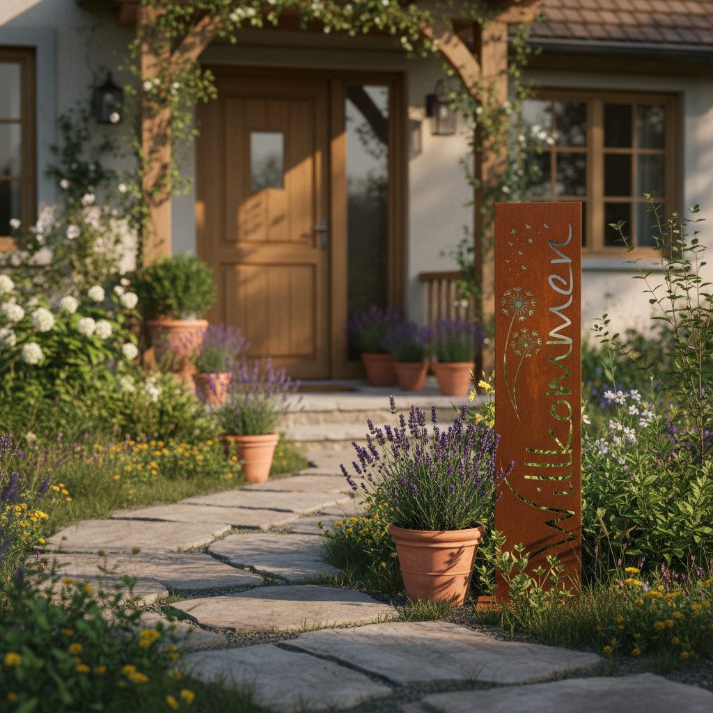 Rostikal Deko-Schriftzug Willkommen Stele Pusteblume Gartendeko Edelrost Cortenstahl, Dekorative Metallstele mit feinem Motiv, Gartenbereich & Eingangszone