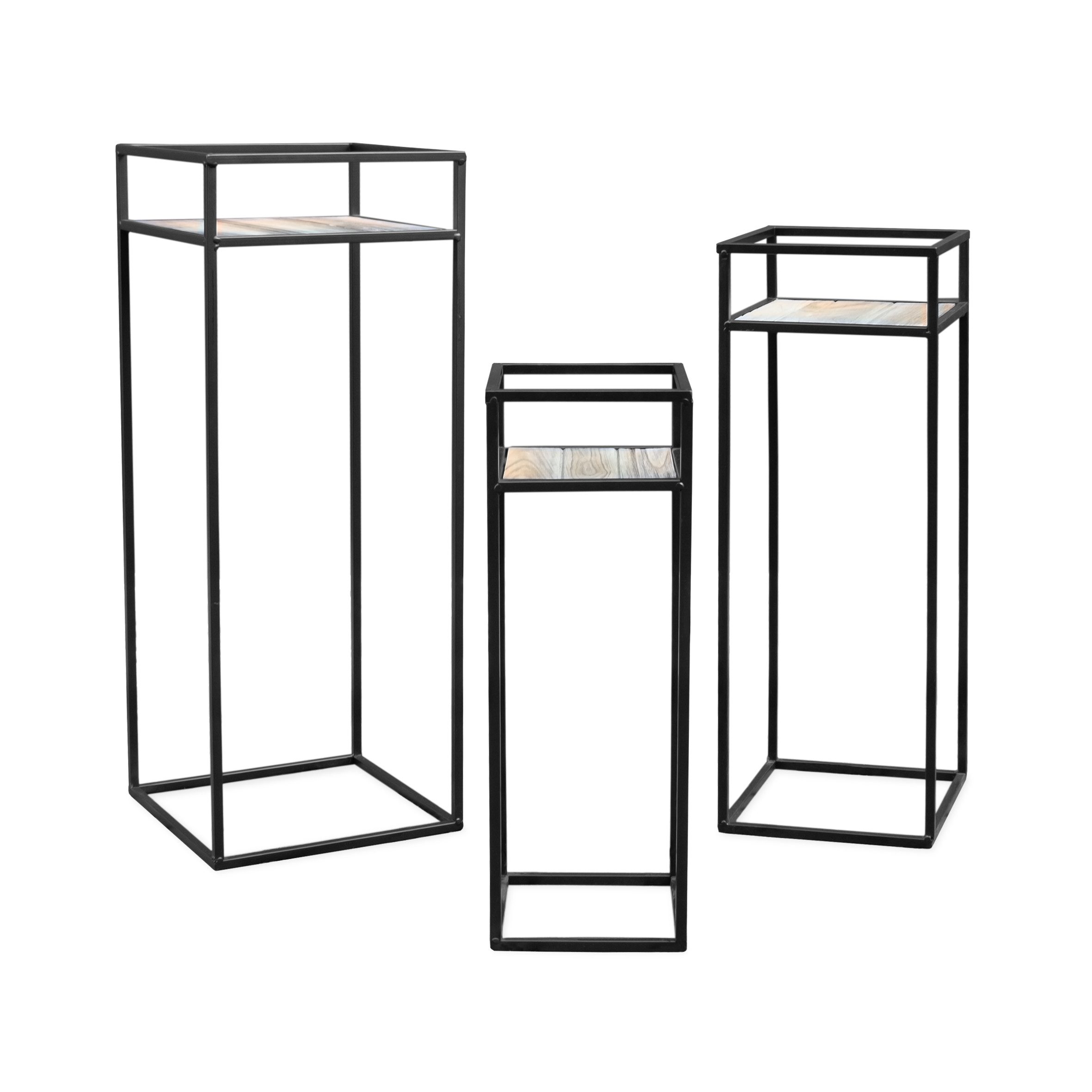 Spetebo Blumenständer Metall Blumenhocker schwarz 3er Set - 70 / 60 / 50 cm (Set, 3 St., Blumentreppe), eckiger Pflanzenständer mit Holzplatte in 3 Größen