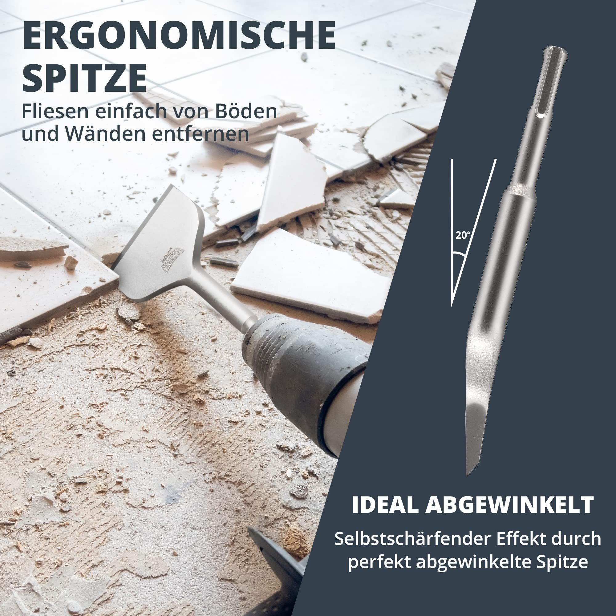 BAURIX Flachmeißel SDS Plus Meißel I FRAKTOR®-System - Mühelos Fliesen entfernen, 250 in mm, für SDS Plus, (Abgewinkelter Flachmeißel breit für Fliesen und Fliesenkleber) I 42CrMo-Spezialstahl
