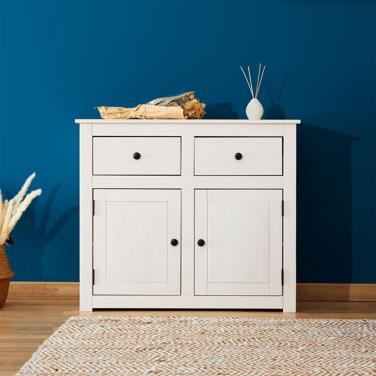 CARO-Möbel Kommode PAULO, Kommode weiß aus Kiefer mit 2 Schubladen und 2 Türen Sideboard Massivh