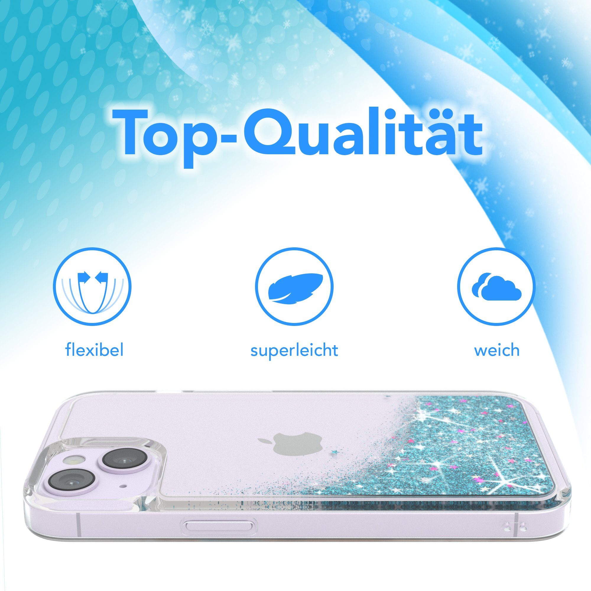 EAZY CASE Handyhülle Liquid Glittery Case für Apple iPhone 14 6,1 Zoll, Gloss Slimcover Girly Backcover Bling Phone Case kratzfeste Cover Blau