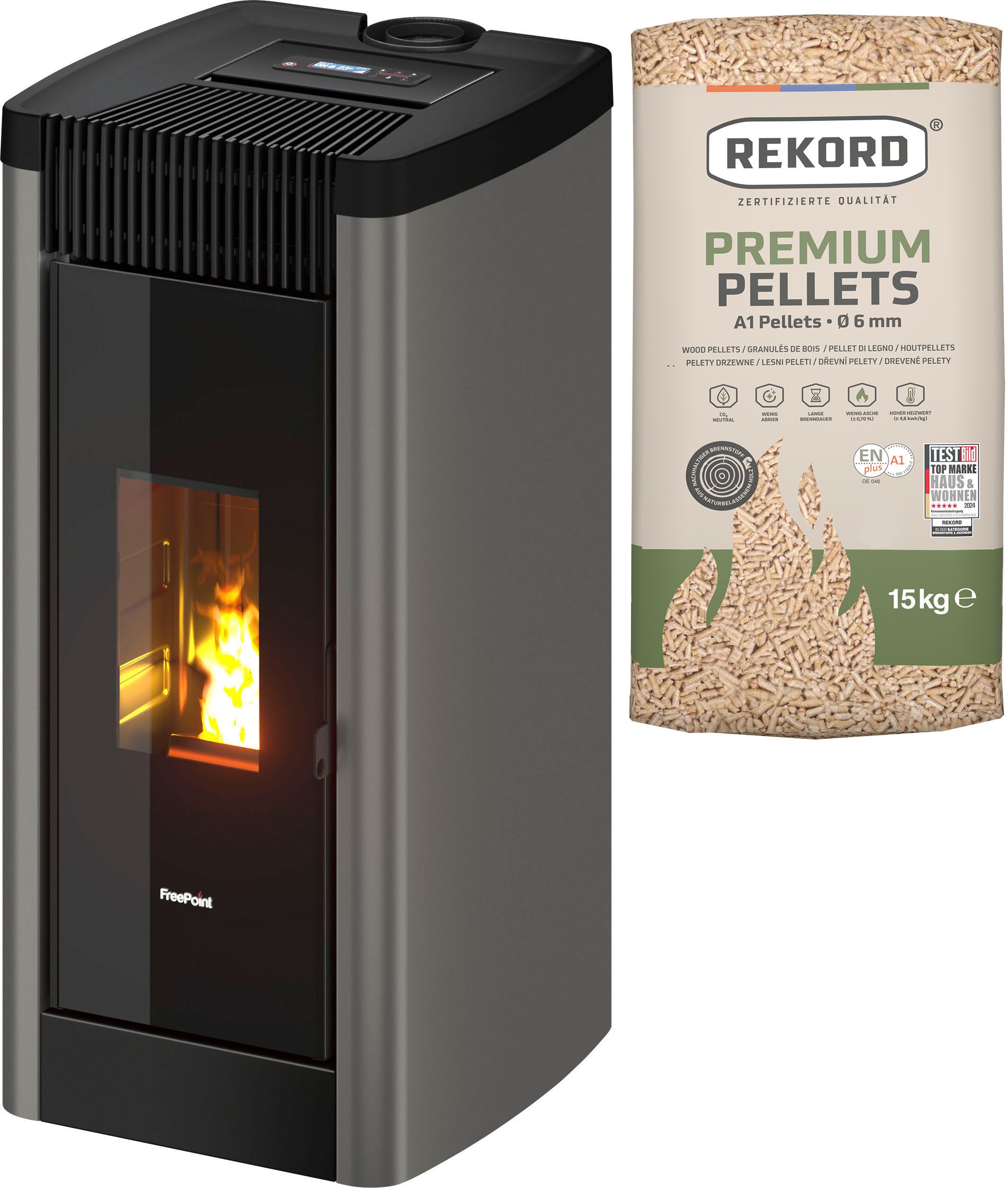 Freepoint Pelletofen Steel 9, 9,5 kW, Zeitbrand
