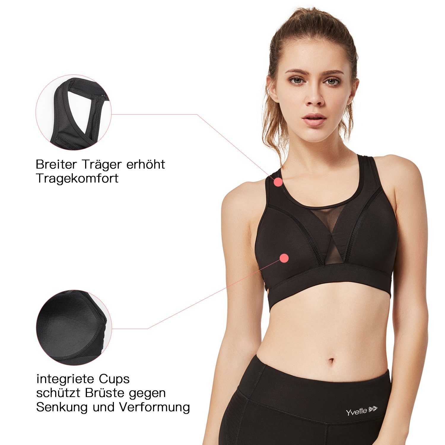 starker Yvette Sport-BH halt, Fitness bra HM0010001 Lauf integrierte Schwarz - Cups,