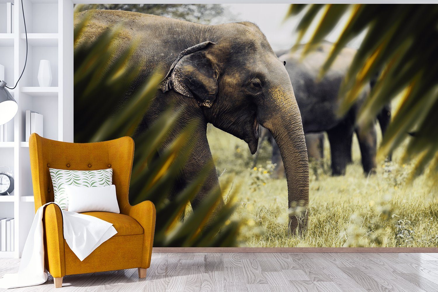 Wallpaper - Tapete Wohnzimmer, (6 bedruckt, - für Vinyl Kinderzimmer, Schlafzimmer, Matt, Fototapete MuchoWow Elefant Natur Blätter, St),