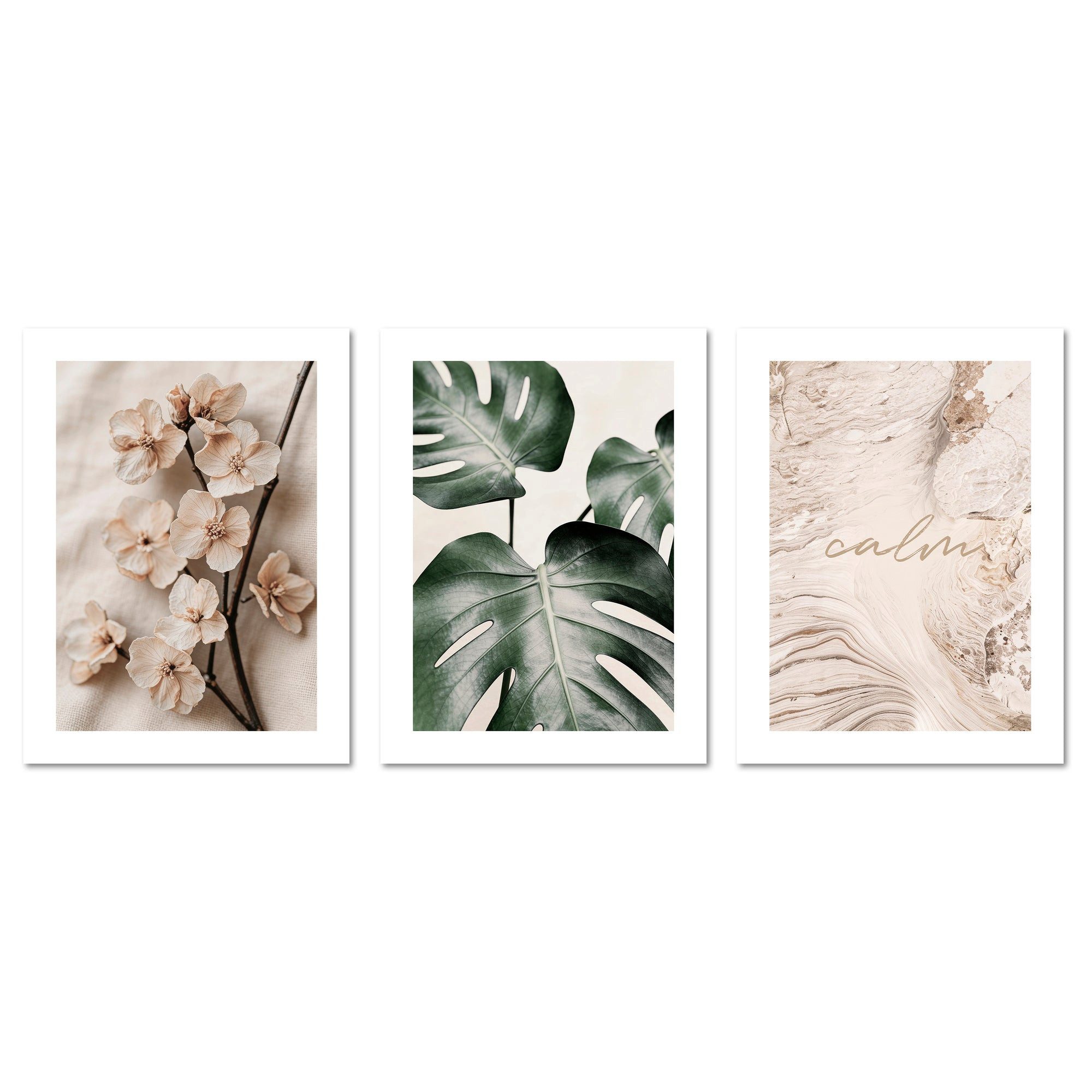 ARTFAVES Bilder-Collage Poster Set Beige Green Calmness Trio I mehrteilige Bilderwand I Wandbi, (Wandbilder modern, 3 St)