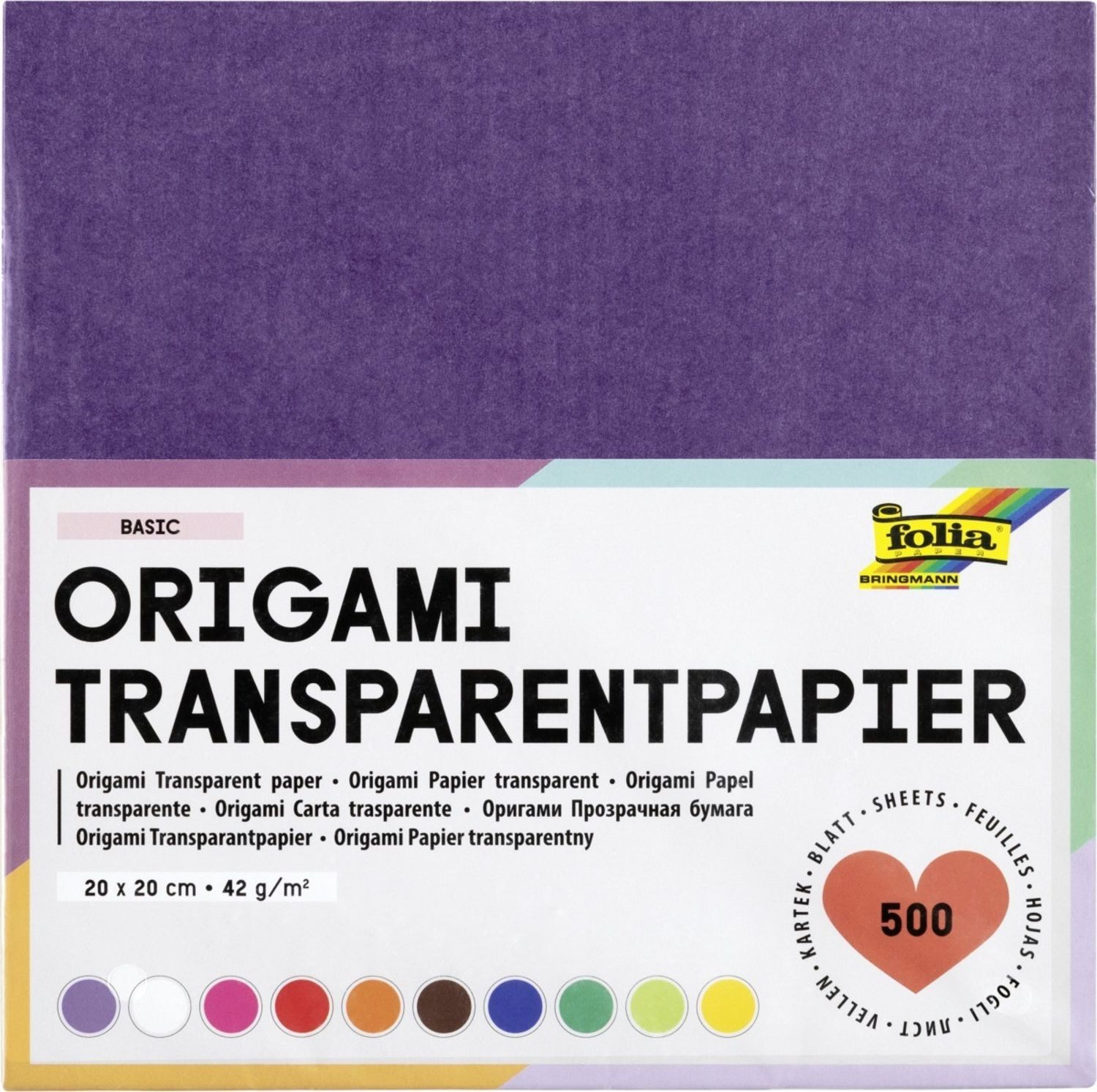 Folia Briefpapier Folia Transparentpapier-Faltblätter 42g/m², 20x20cm, 500 Blatt, farbig