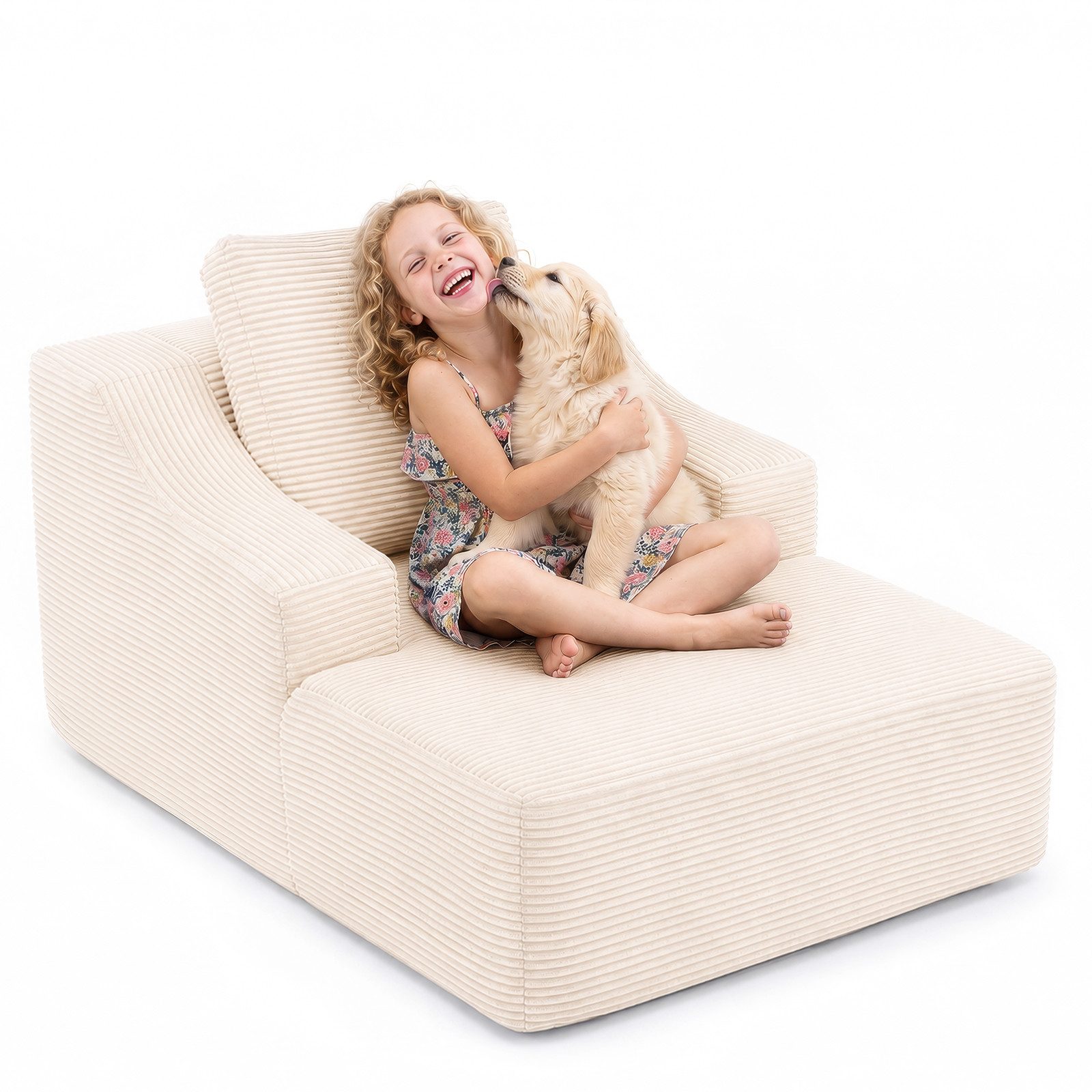 VINGLI Kindersofa, Schlafsofa Cord, keine Montage erforderlich, 80x116x56cm, Schlafsessel mit 2-in-1 Kissen, Chaiselongue grau/beige/rosa