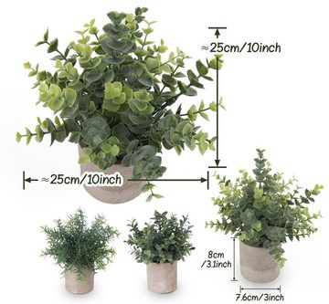 Künstliche Zimmerpflanze 3 Stück Mini Kunstpflanzen mit Töpfen Eukalyptus Rosmarin Babysbreath, Homewit, Tischdeko Haus Balkon Büro Deko