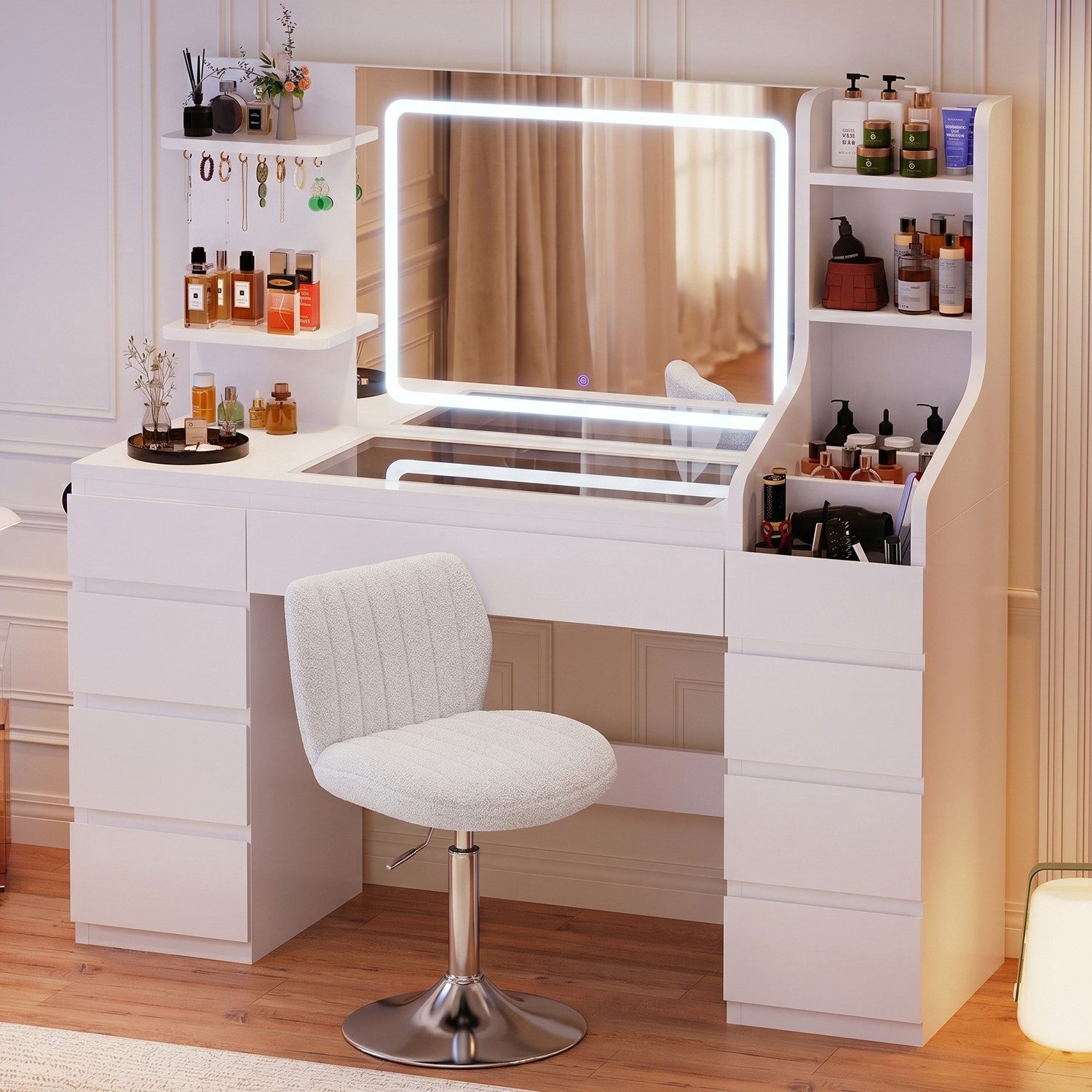 Furnicopia Schminktisch Großer Schminktisch mit LED-Beleuchtung, dimmbar, mit viel Stauraum (Maße: 135 × 40 × 137 cm, Arbeitsplatte aus gehärtetem Glas, mit 7 offenen Ablagefächern + 9 Schubladen, 2 Steckdosen + 1 USB-Anschluss + 1 Typ-C-Anschluss, Halter