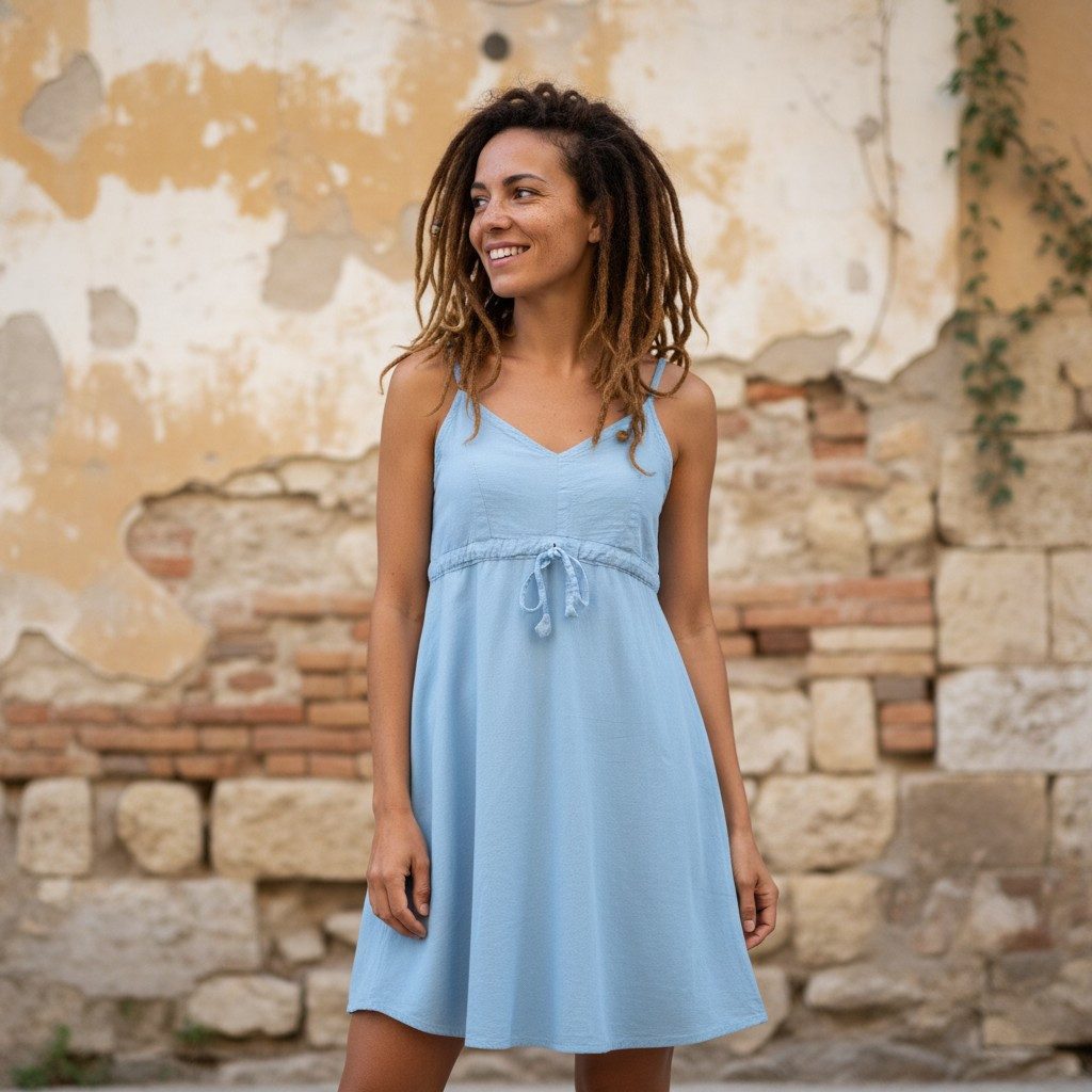 Guru-Shop Midikleid Einfarbiges Casual Trägerkleid, Baumwoll..