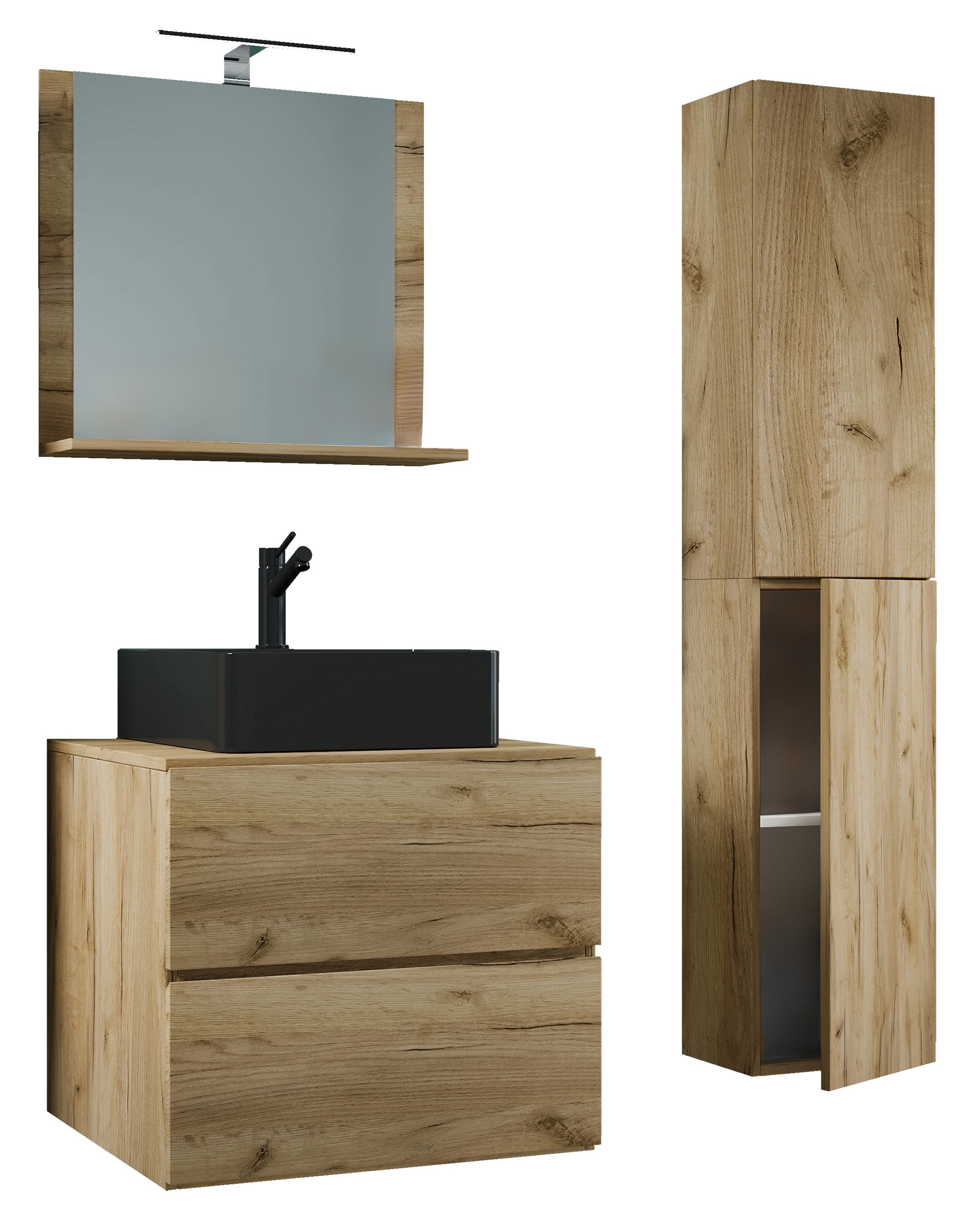 VCM Waschtisch 4 teilig Badmöbel-Set Waschplatz Lendas (Set, 4-St., 1x Unterschrank 1x Waschbecken 1x Spiegel 1x Hochschrank)