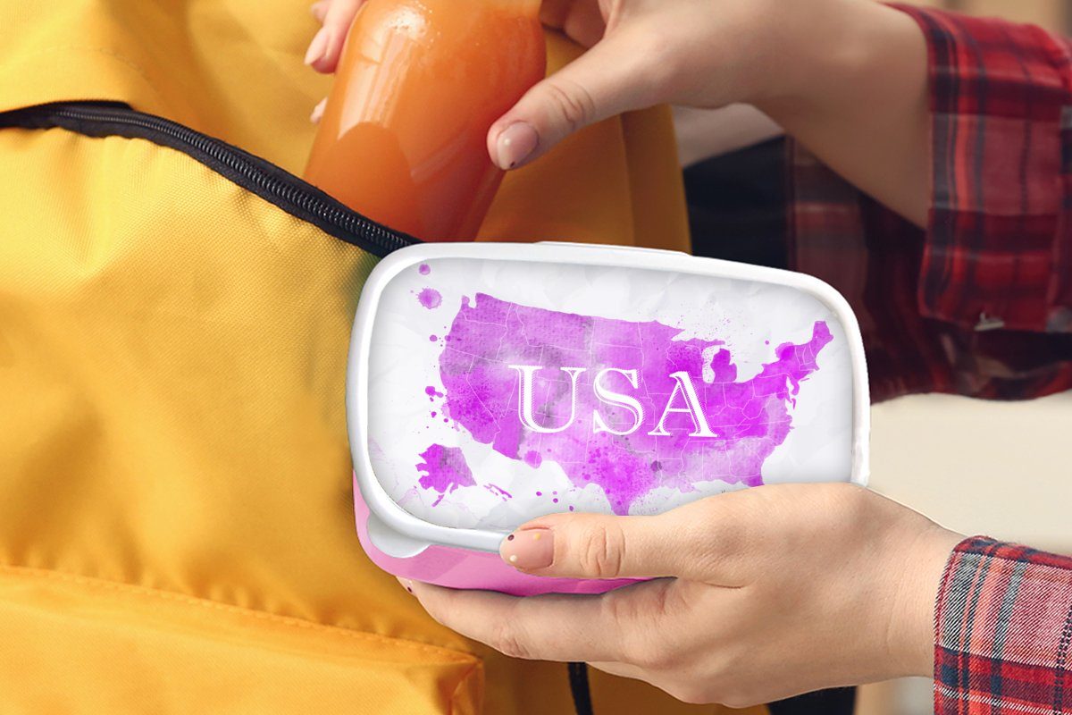 Vereinigte Mädchen, - MuchoWow Brotbox Weltkarte Brotdose Kinder, Kunststoff, für Lunchbox - Snackbox, Kunststoff Staaten, (2-tlg), Erwachsene, Rosa