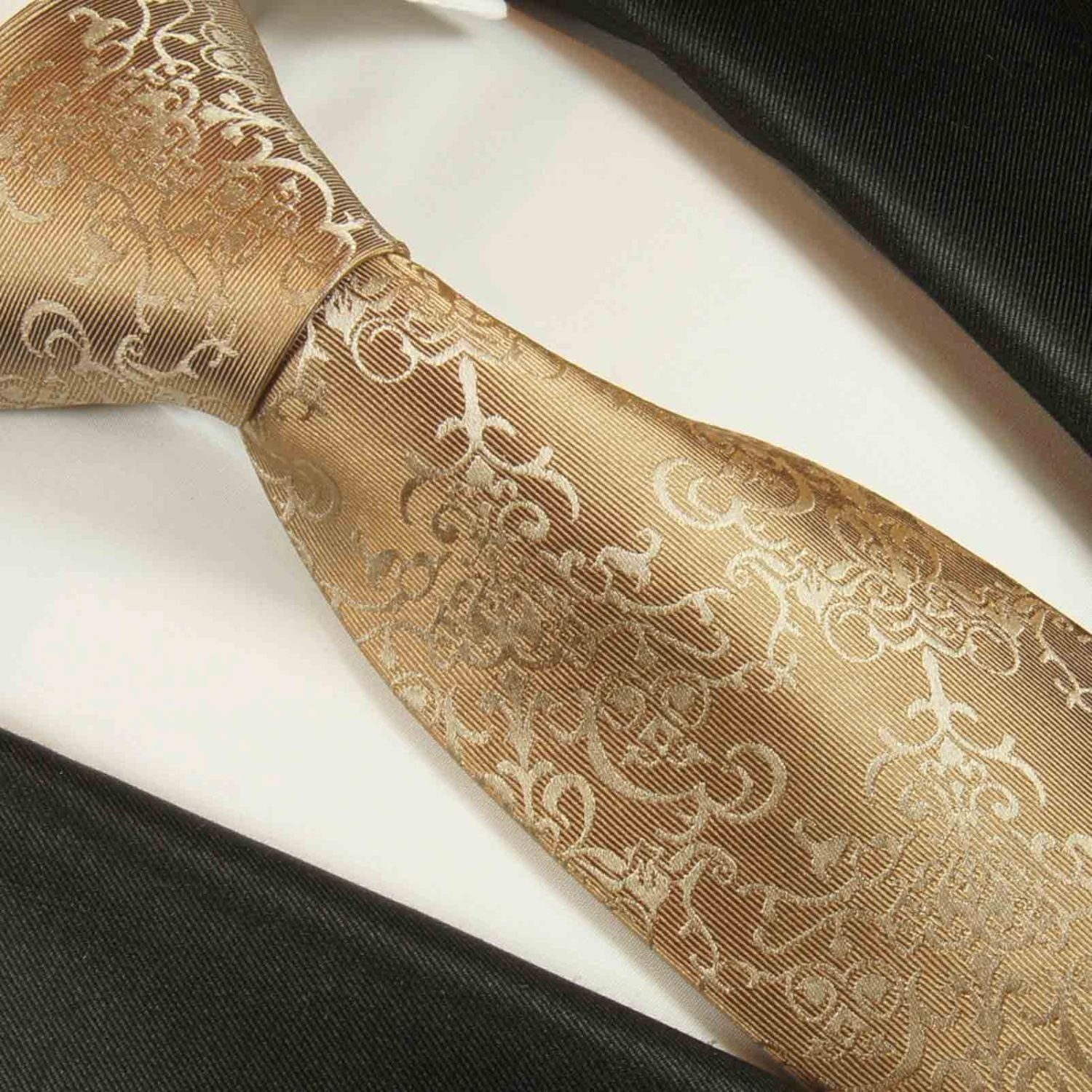 Paul Malone Krawatte Herren mit gold Krawatte mit barock (Set, 2-St., Seidenkrawatte 2049 100% Schmal (6cm), Seide braun modern Einstecktuch) Tuch
