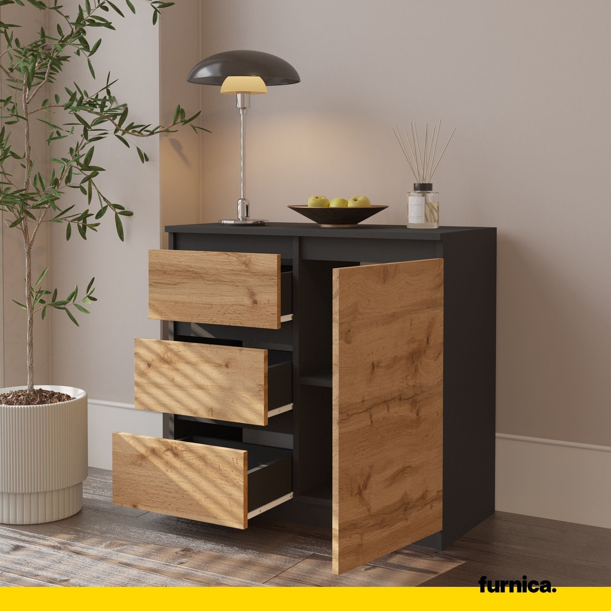 Furnica Kommode MIKEL, 3 Schubladen und 1 Tür - Anthrazit Grau H75cm B80cm T35cm (1 St)