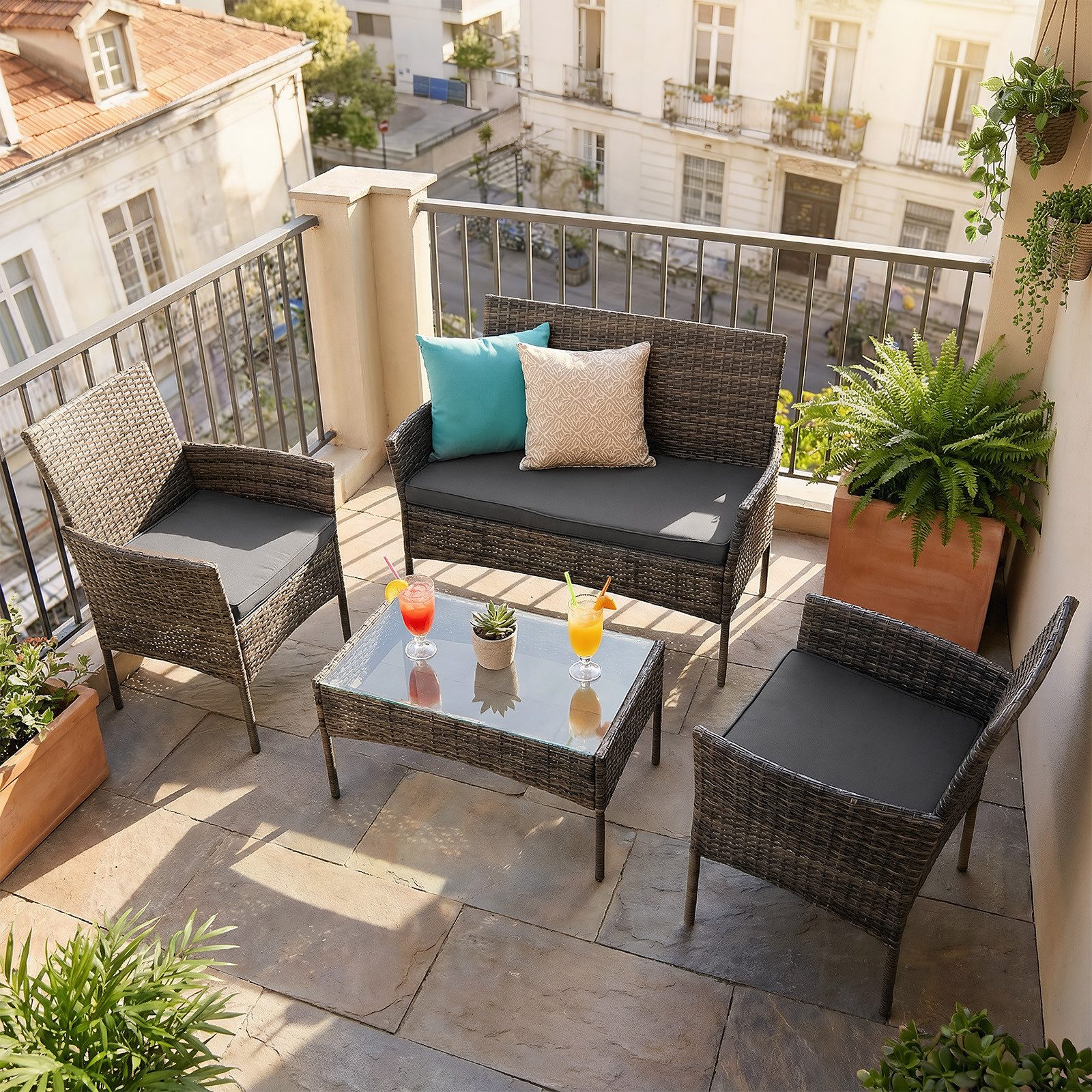 oyajia Gartenlounge-Set Polyrattan Sitzgruppe für 4 Personen mit Tisch, (Rattan-Möbel, Garten-Lounge, Outdoor-Sitzmöbel), 1x2er Sofa, 2 Sessel, Tisch 40x71x41 cm