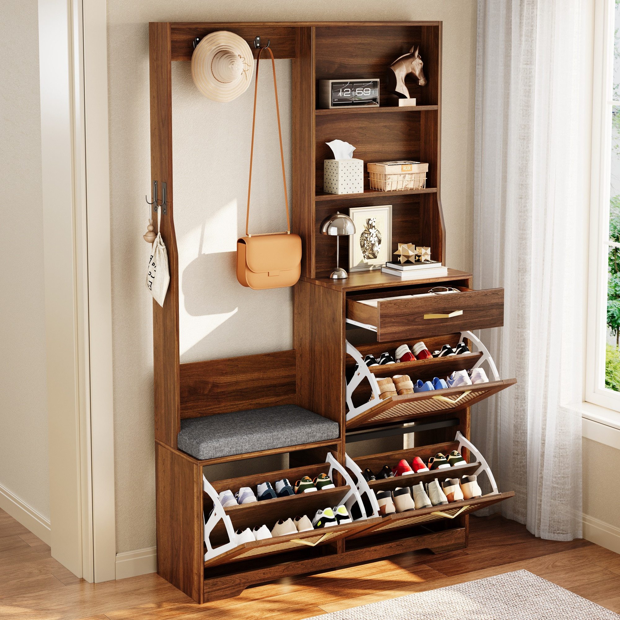 Merax Garderoben-Set mit Rattan-Front, Flurgarderobe mit Schuhschrank mit 3 Klappen, (1-St., 100 x 30 x 170 cm (L x B x H), Garderobenschrank mit Sitzbank,Kleiderhaken, Schublade,offenen Regalen