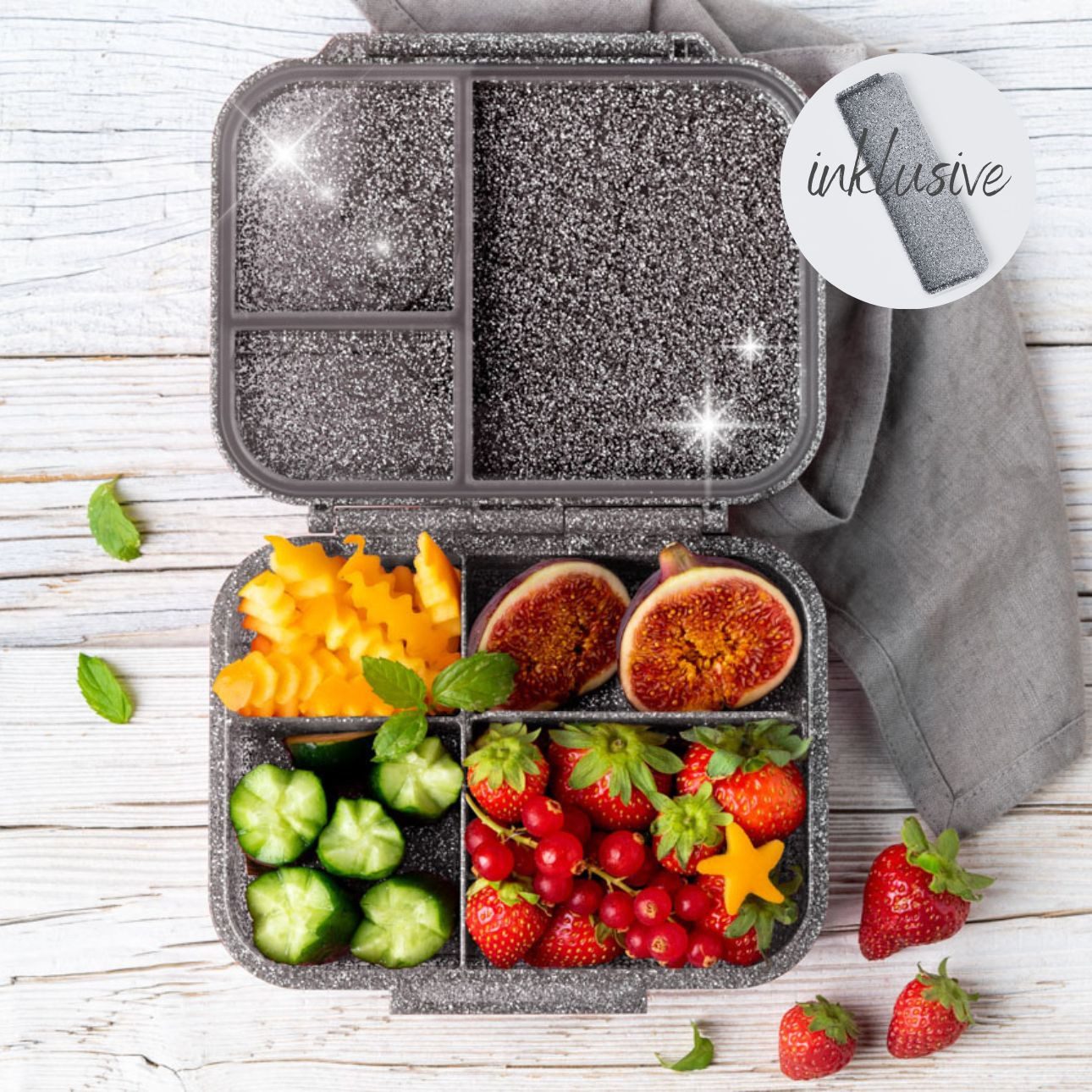 LEKKABOX Lunchbox Mini Glitzer Brotdose, 3 Fächer - Kinder Bento Box Vesperdose Brotbox, Für feuchte Lebensmittel auslaufsichere Bento Box, inkl. extra Trenner