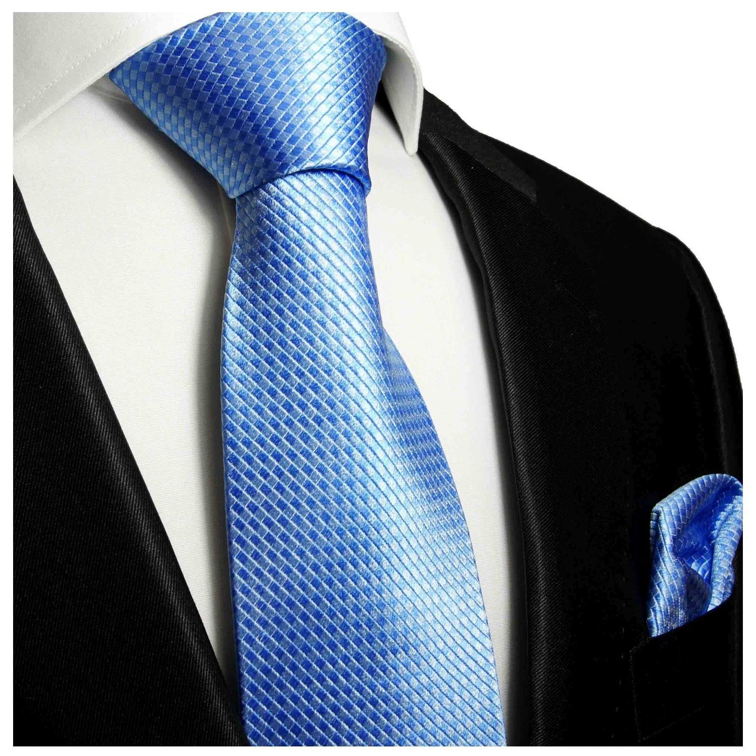 100% Krawatte uni (8cm), 502 Krawatte Herren (Set, Tuch mit Seide Malone einfarbig 2-St., Paul Einstecktuch) Seidenkrawatte Breit blau mit modern